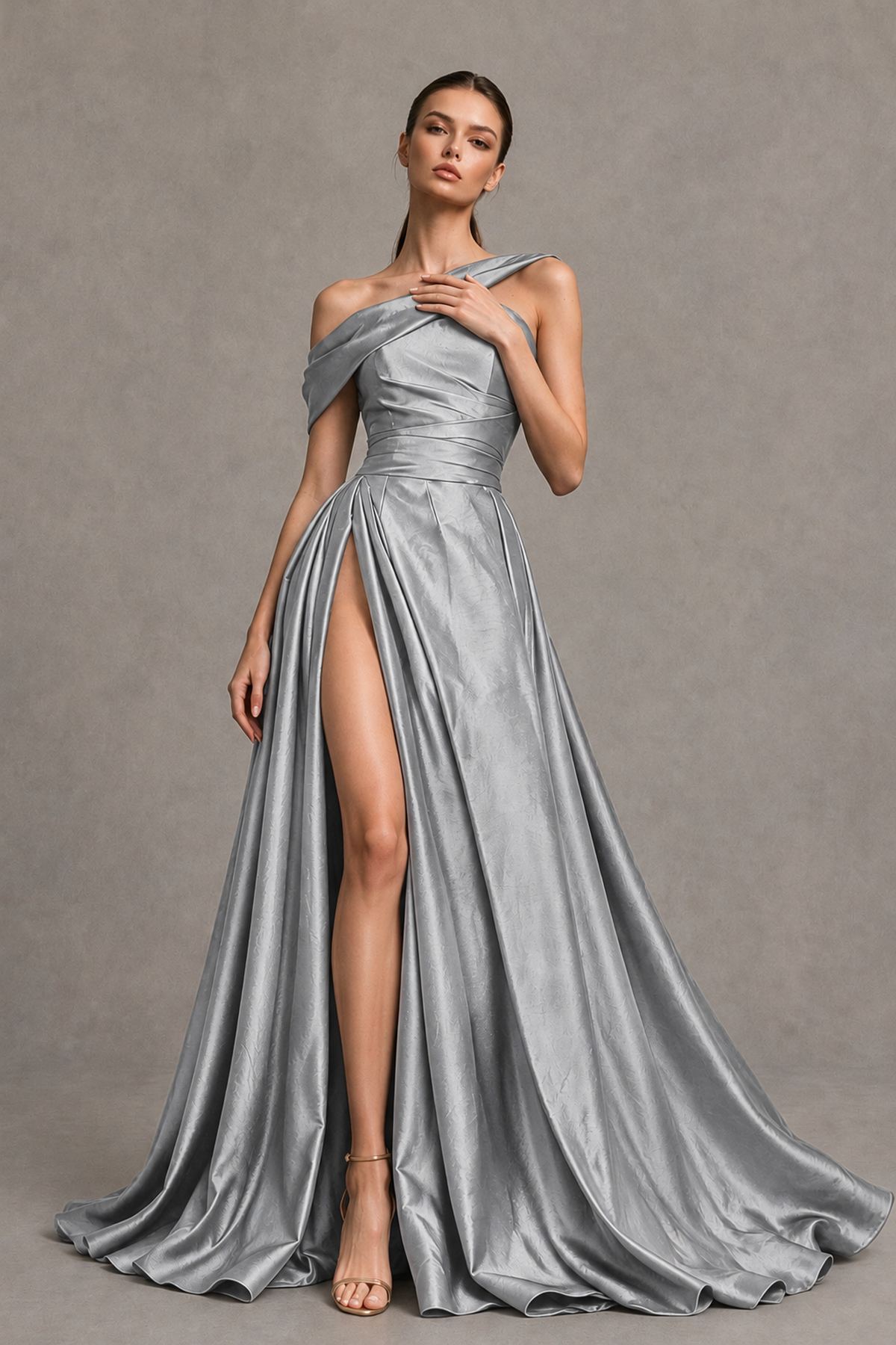 BOLODOO Silver Asymmetric Satin-Look A-Line Prom Dress with High Slit - Silver - Silver_3