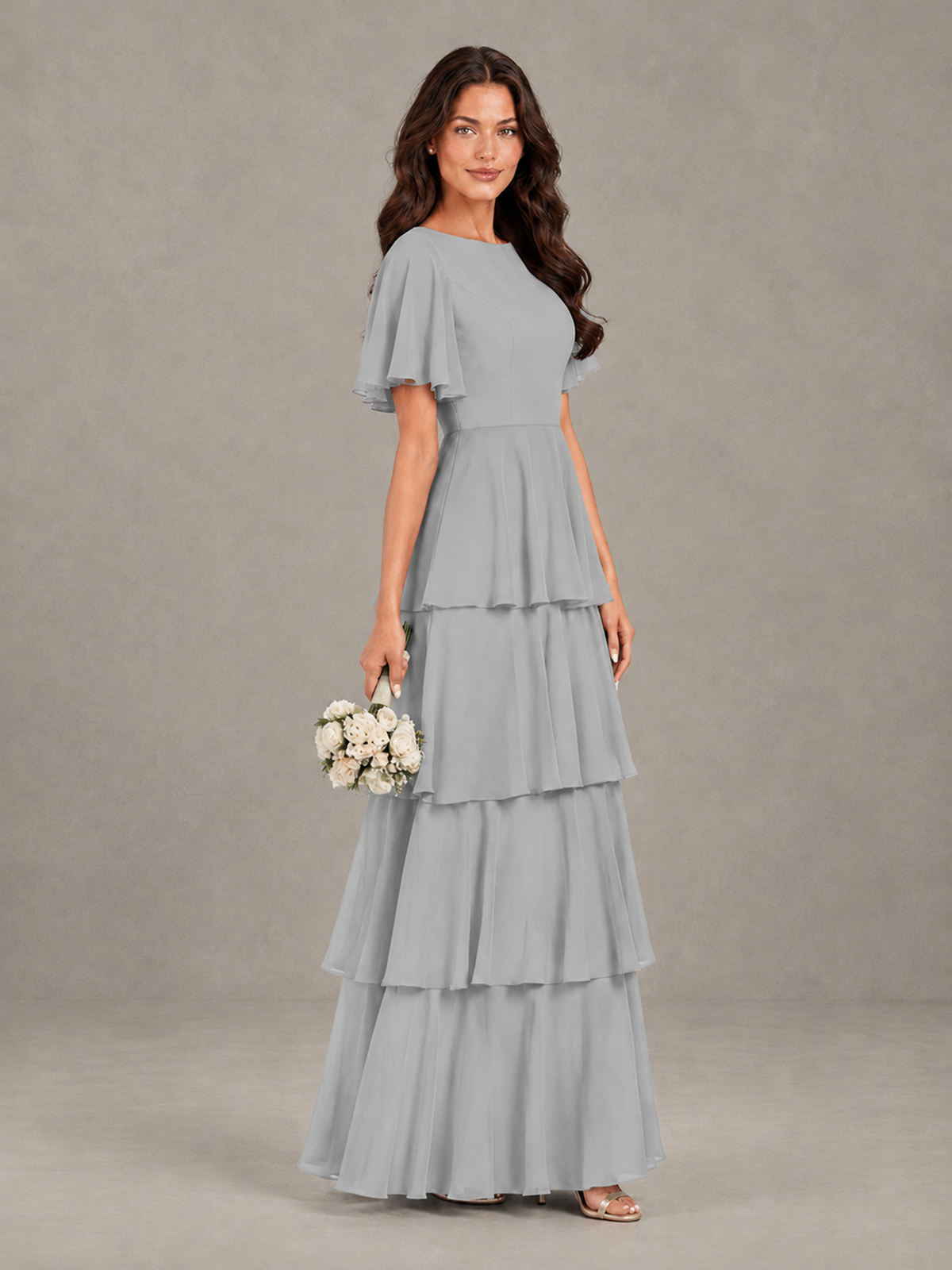 BOLODOO Silver Tiered Flutter Sleeve Bridesmaid Dress - Silver - Silver_3