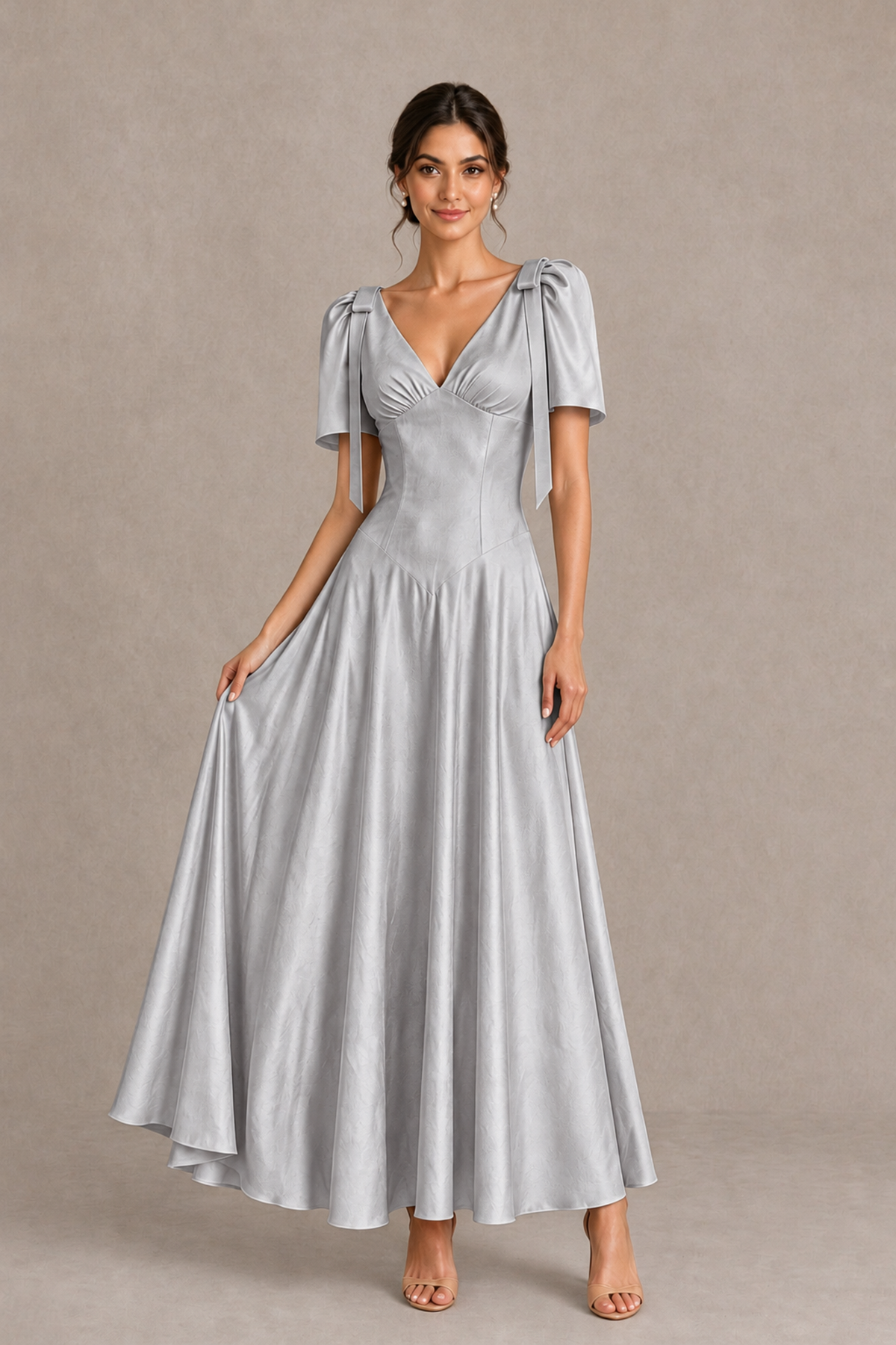 BOLODOO Silver V-Neck Short Sleeve Satin-Look Bridesmaid Dress with Shoulder Bows - Silver - Silver_3