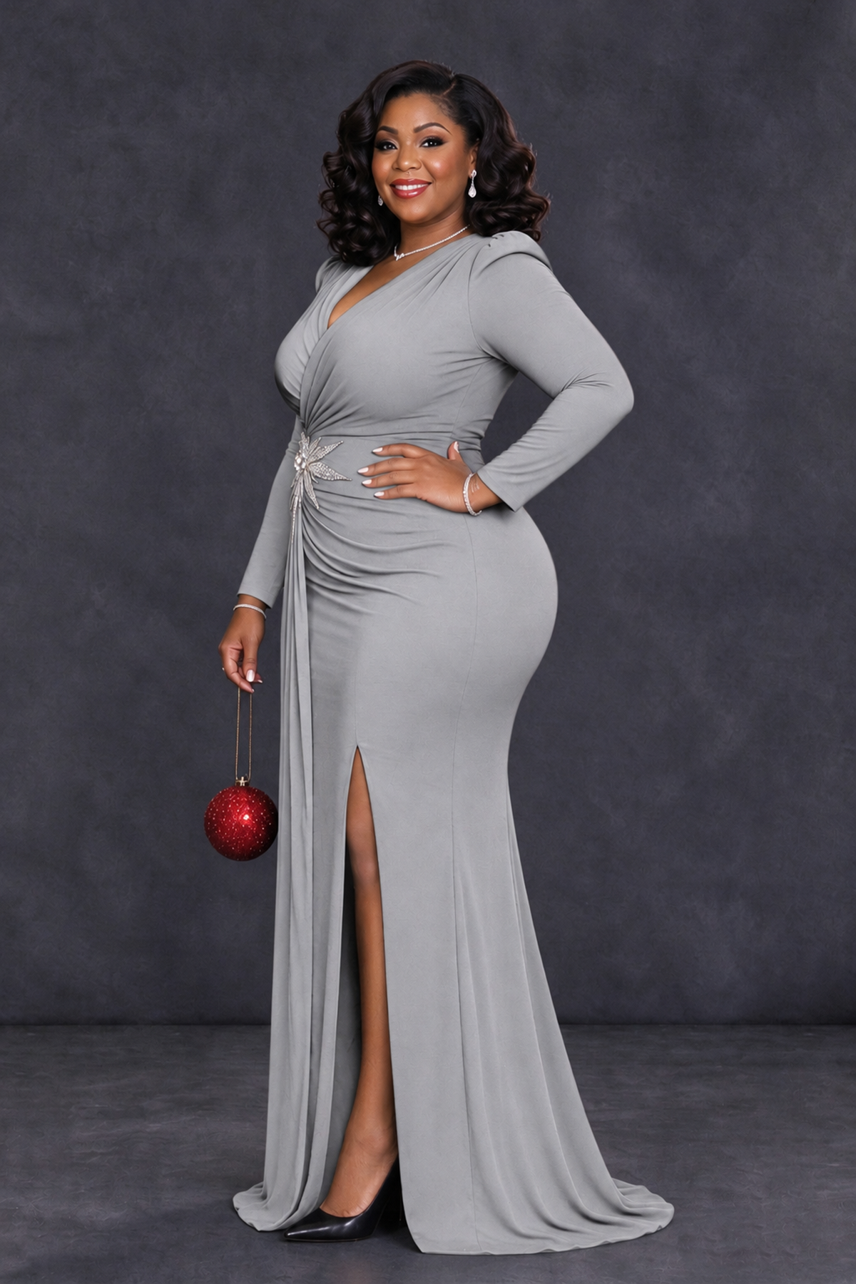 BOLODOO Silver Plus Size Long Sleeve V-Neck Mother of the Bride Dress with Slit - Silver - Silver_3