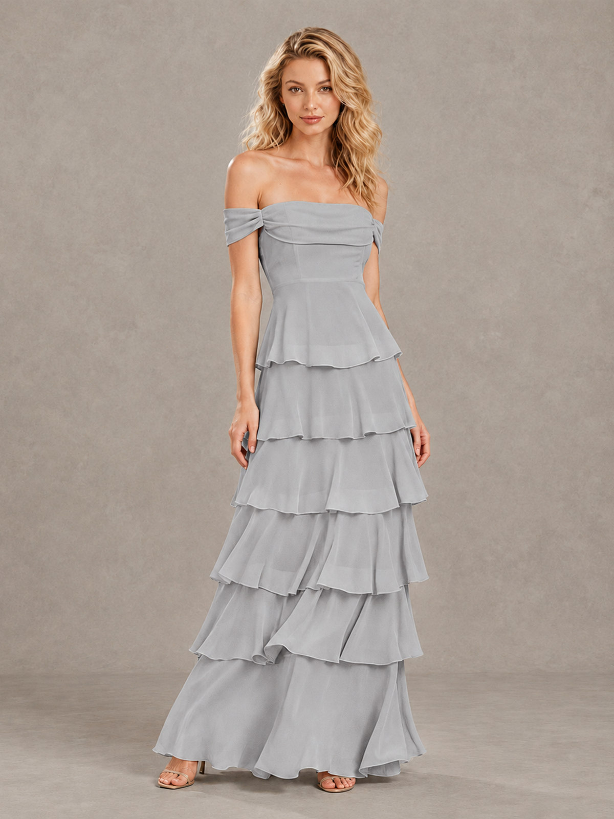BOLODOO Silver Off-Shoulder Tiered Ruffle Bridesmaid Dress with Lace-Up Back - Silver - Silver_3