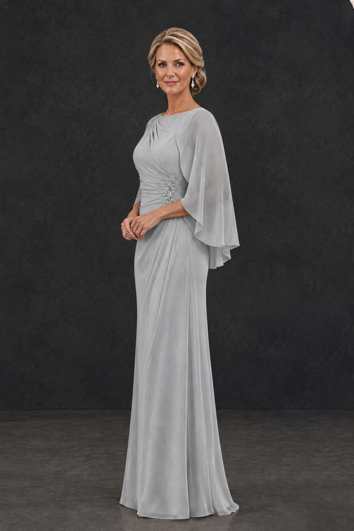 BOLODOO Silver Cape Sleeve Mother of the Bride Dress with Ruched Waist - Silver - Silver_3
