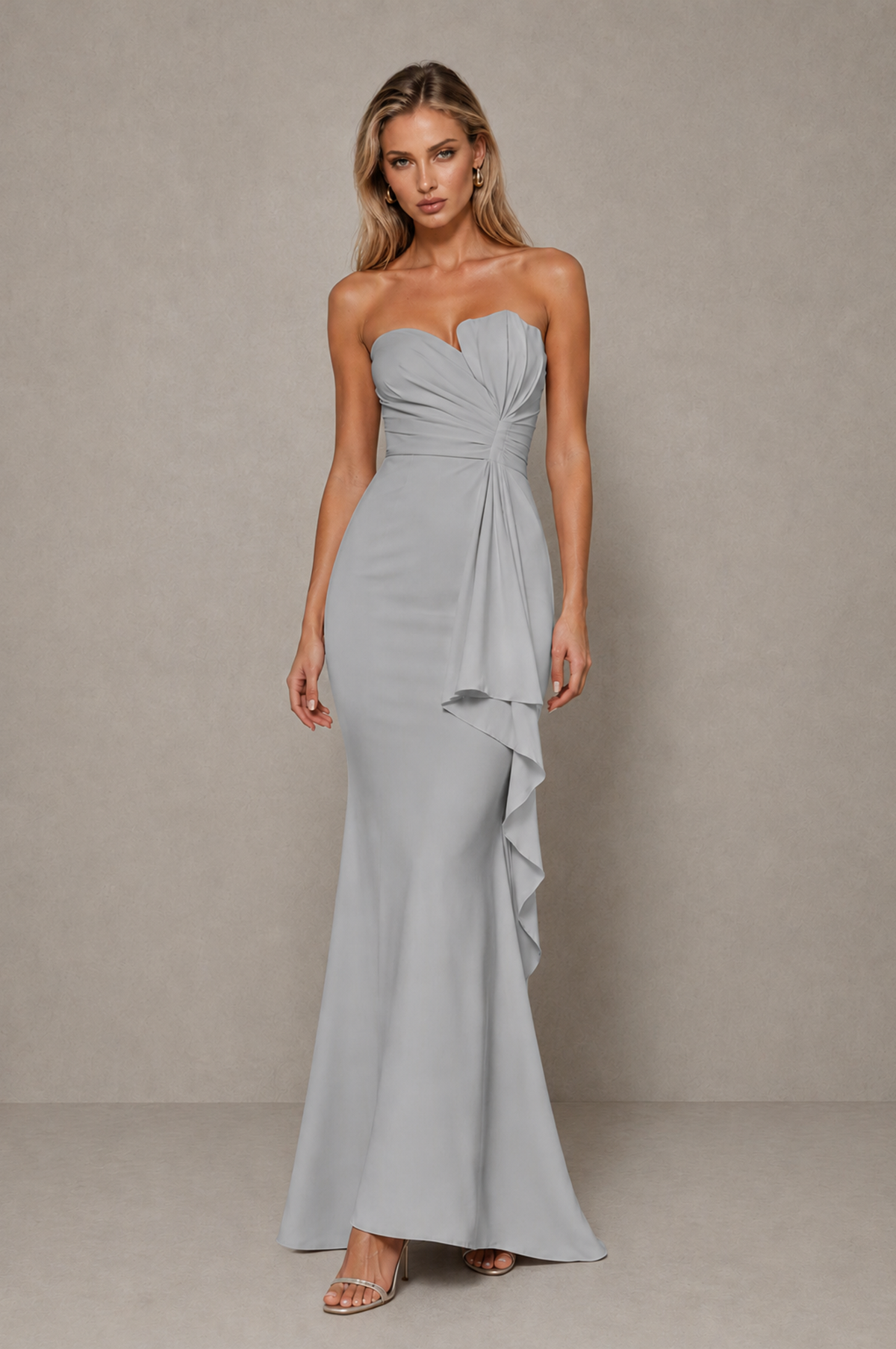 BOLODOO Silver Strapless Sweetheart Ruched Mermaid Gown | Cascade Drape Formal Evening Dress - Silver - Silver_3