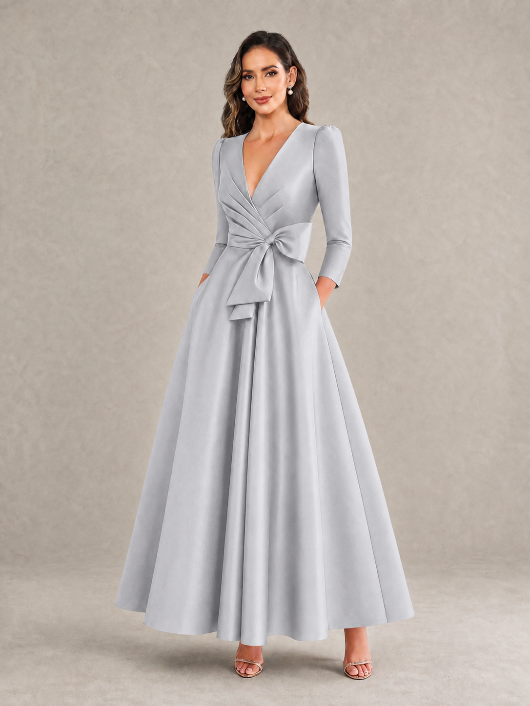 BOLODOO Silver Satin Deep V-Neck Wrap 3/4 Puff Sleeve A-Line Ball Gown Maxi Dress with Oversized Bow Belt - Silver