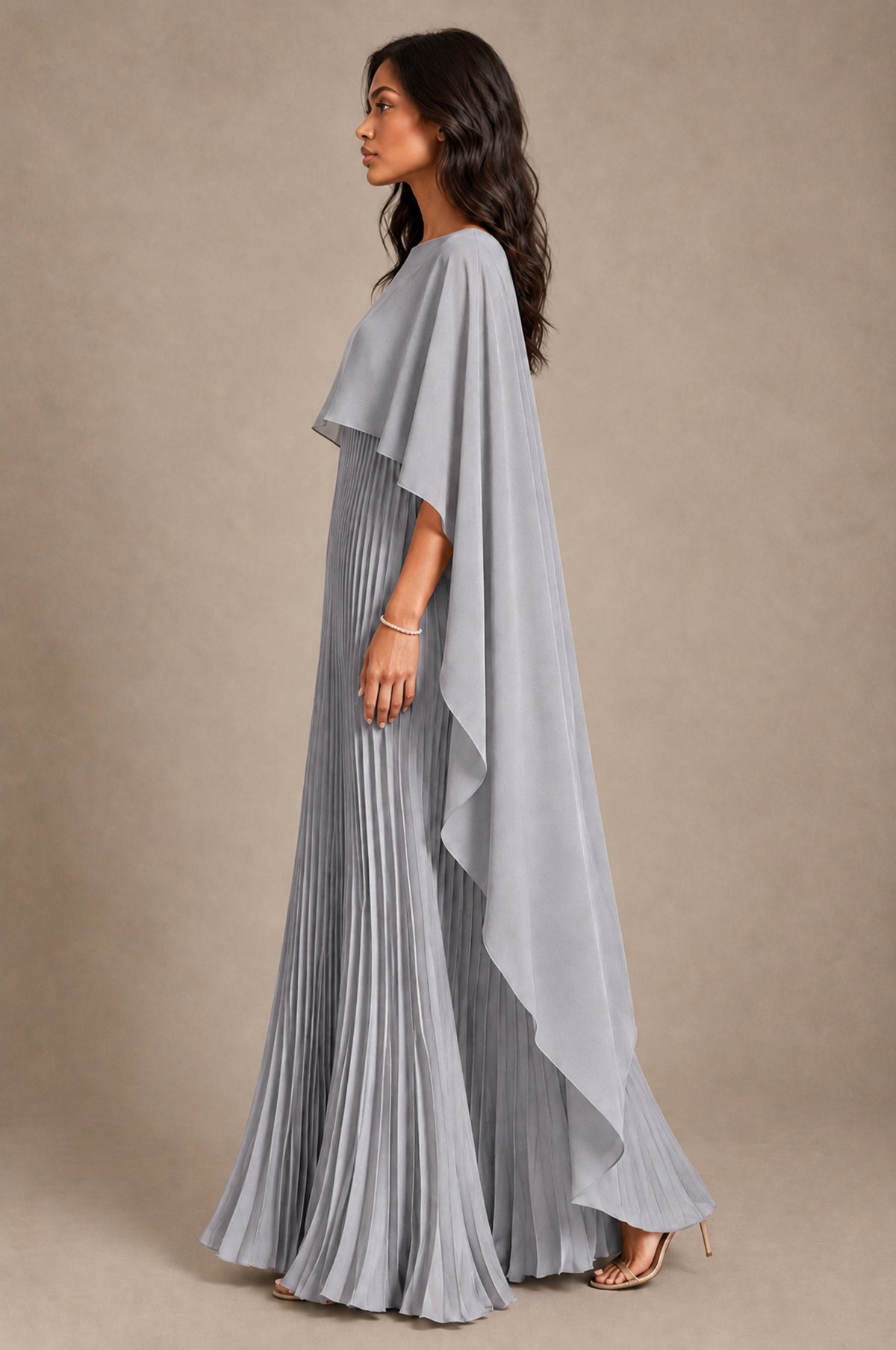 BOLODOO Silver Pleated Cape A-Line Evening Dress - Silver - Silver_3
