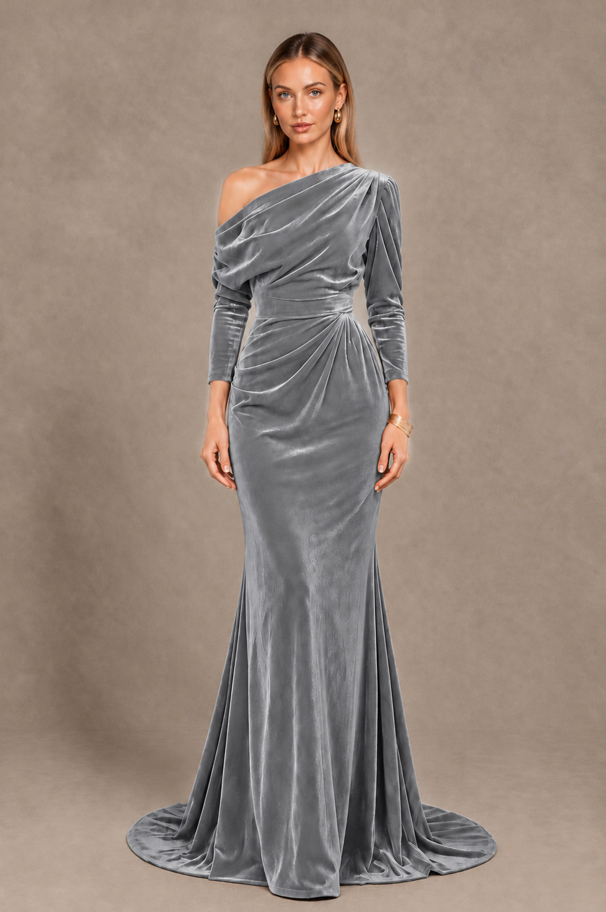 BOLODOO Silver Velvet Asymmetric Neck Mermaid Evening Dress - Silver - Silver_3