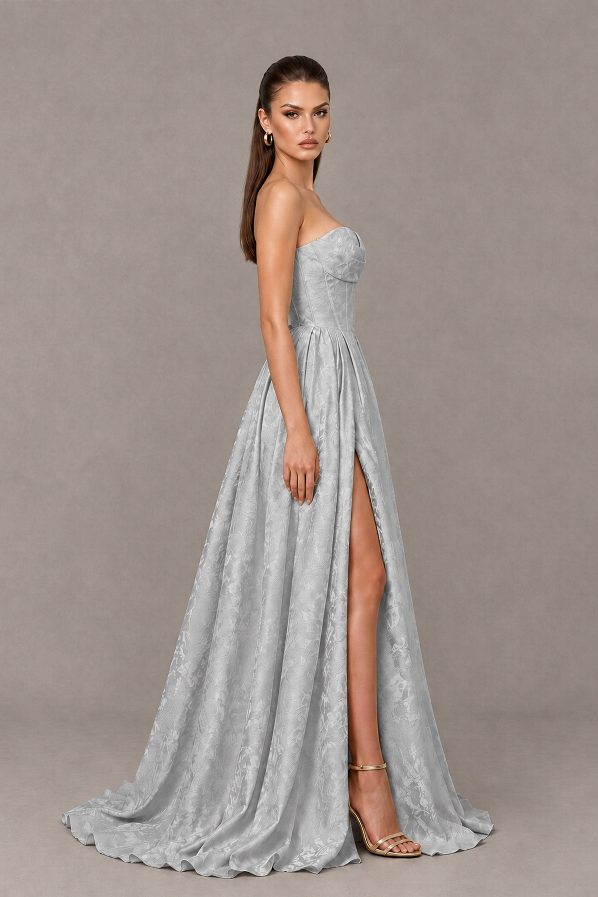 BOLODOO Silver Strapless Sweetheart Corset Prom Dress with High Slit – Lace-Up Back A-Line Evening Gown - Silver - Silver_3