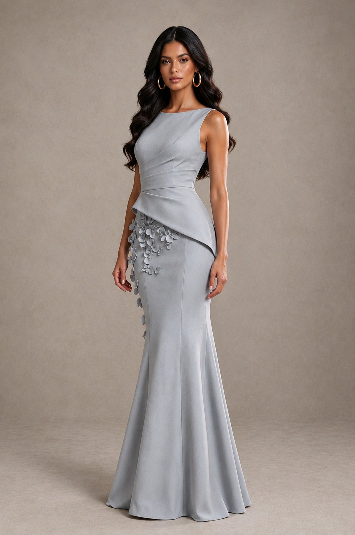 BOLODOO Silver Bateau Neck Sleeveless Asymmetric Peplum 3D Petal Appliqué Mermaid Gown BD0421 - Silver - Silver_3