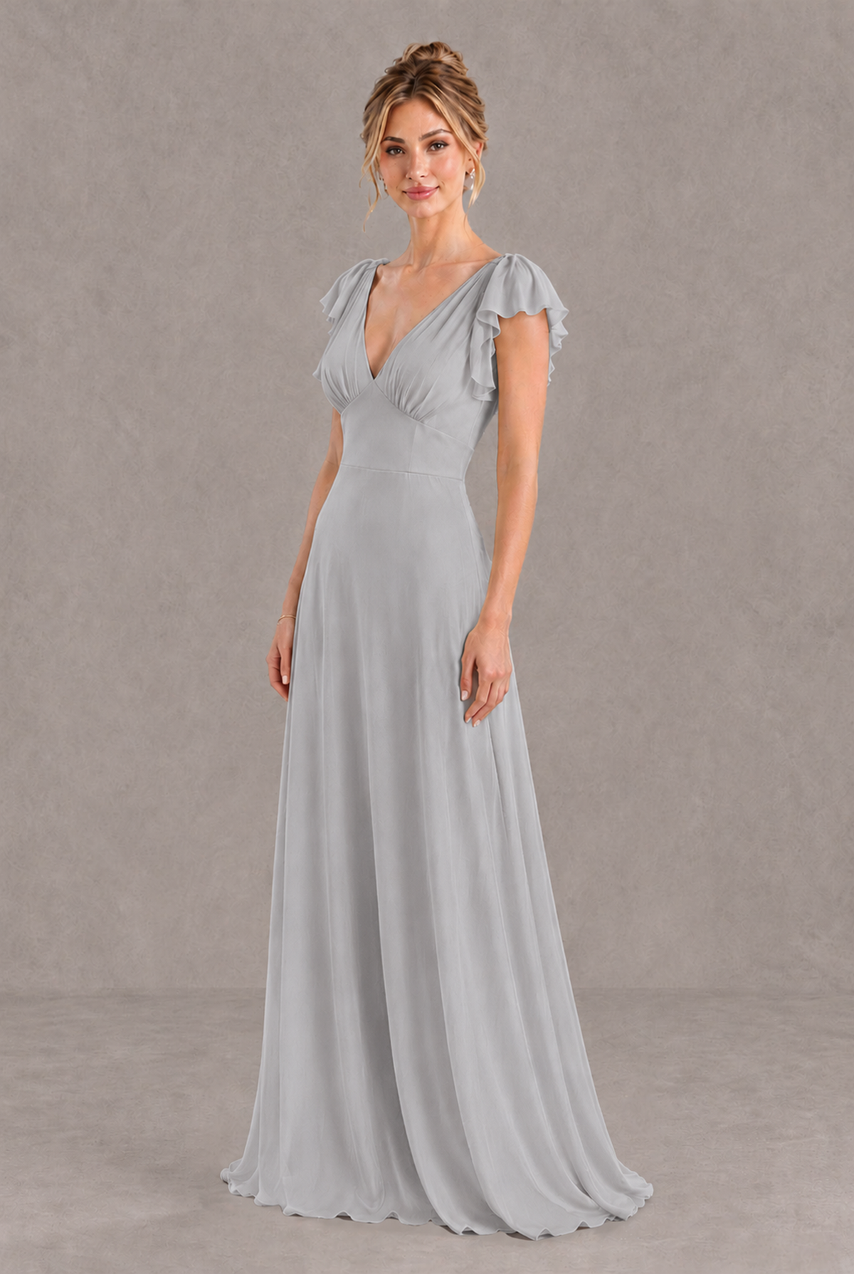 BOLODOO Silver V-Neck Flutter Sleeve A-Line Bridesmaid Dress - Silver - Silver_3