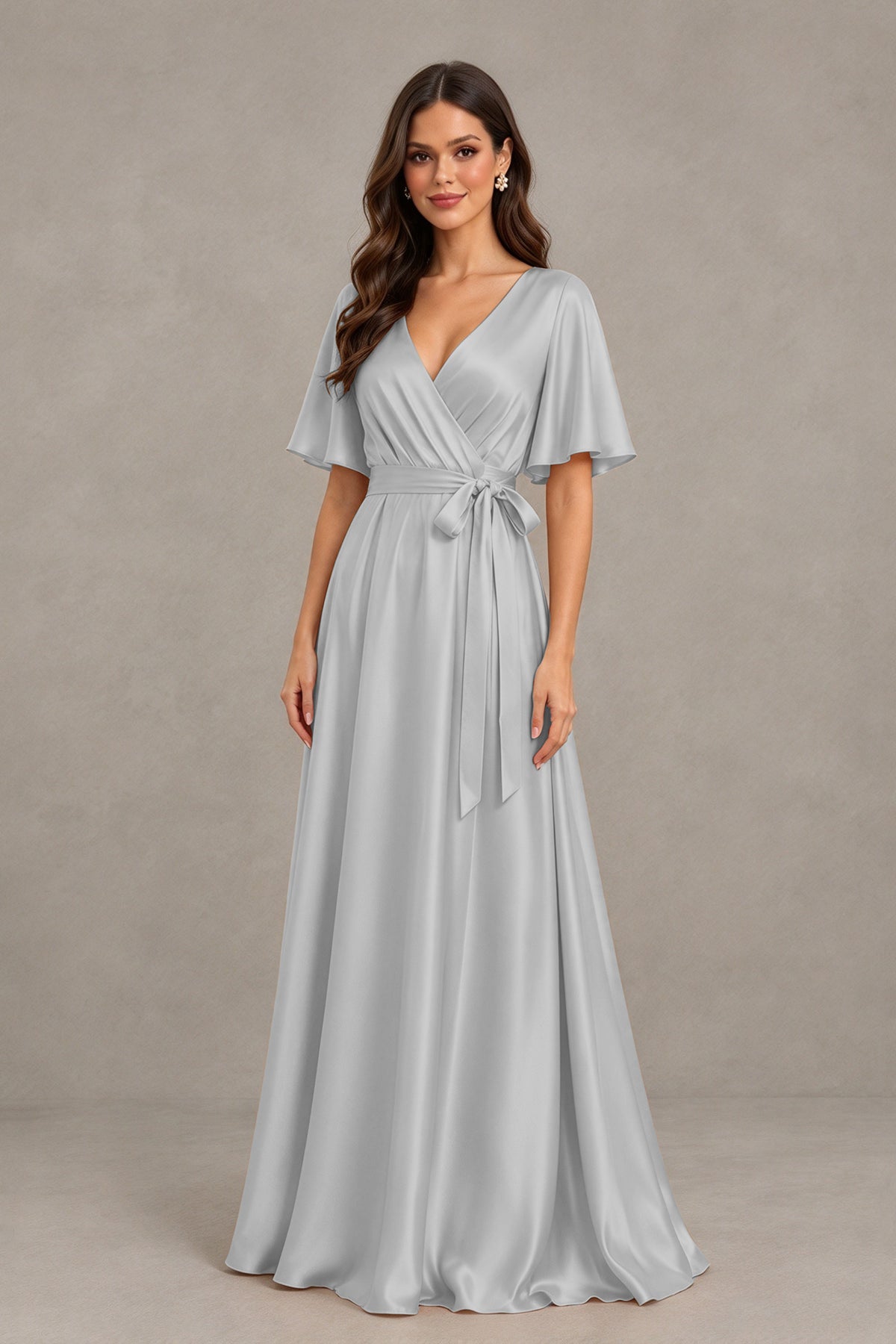 BOLODOO Silver Satin V-Neck Flutter Sleeve Bridesmaid Dress with Slit - Silver - Silver(3)