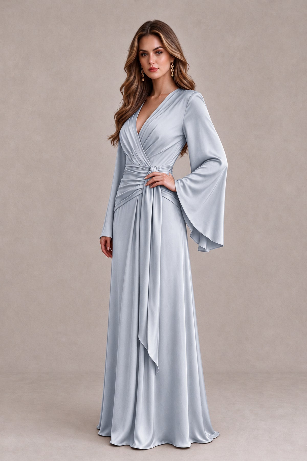 BOLODOO Silver Yellow Satin-Look V-Neck Long Bell Sleeve Evening Dress - Silver - Silver_3