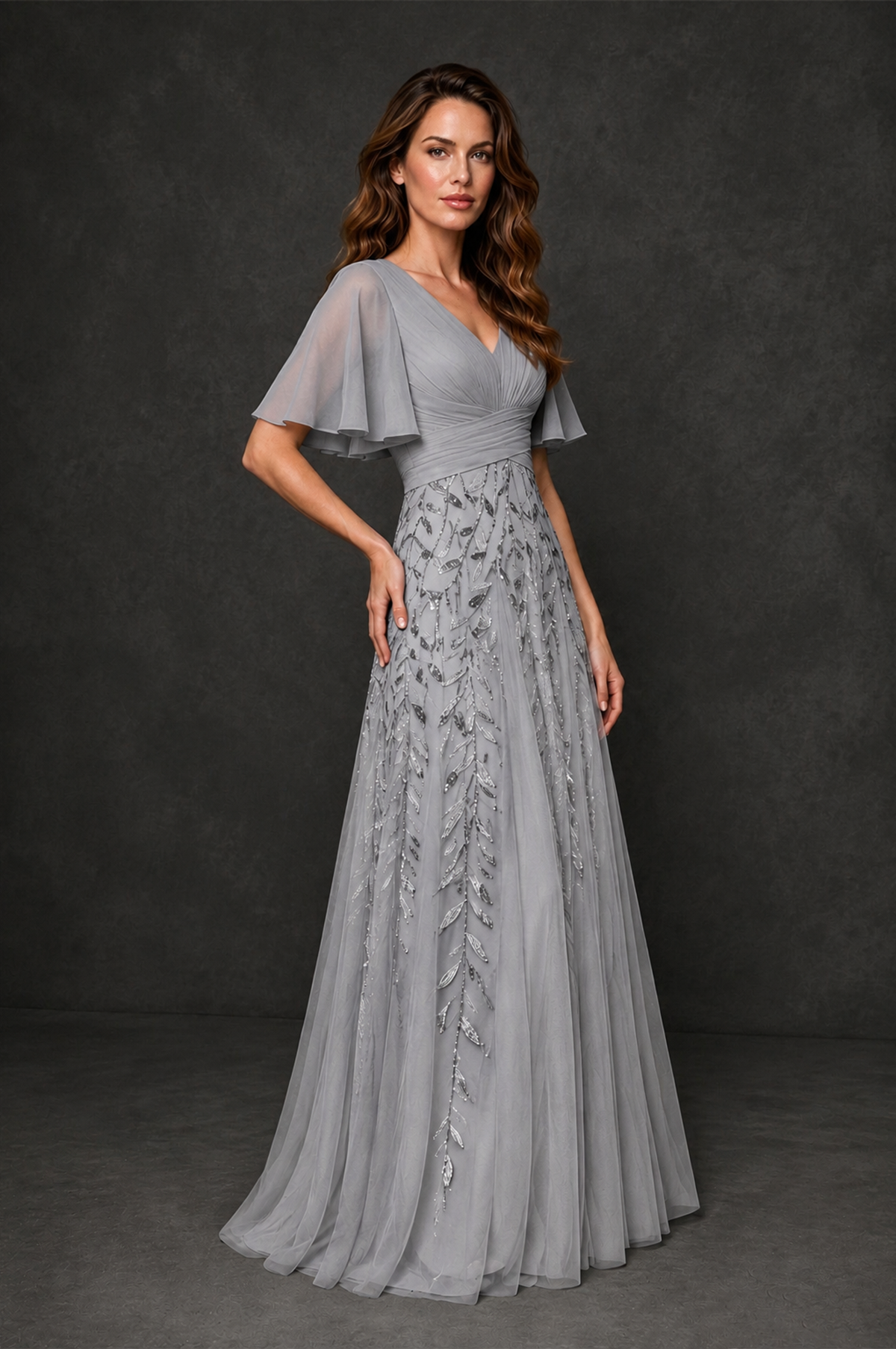 BOLODOO Silver V-Neck Flutter Sleeve Beaded Botanical Tulle A-Line Gown | Mother of the Bride Evening Dress - Silver - Silver_3