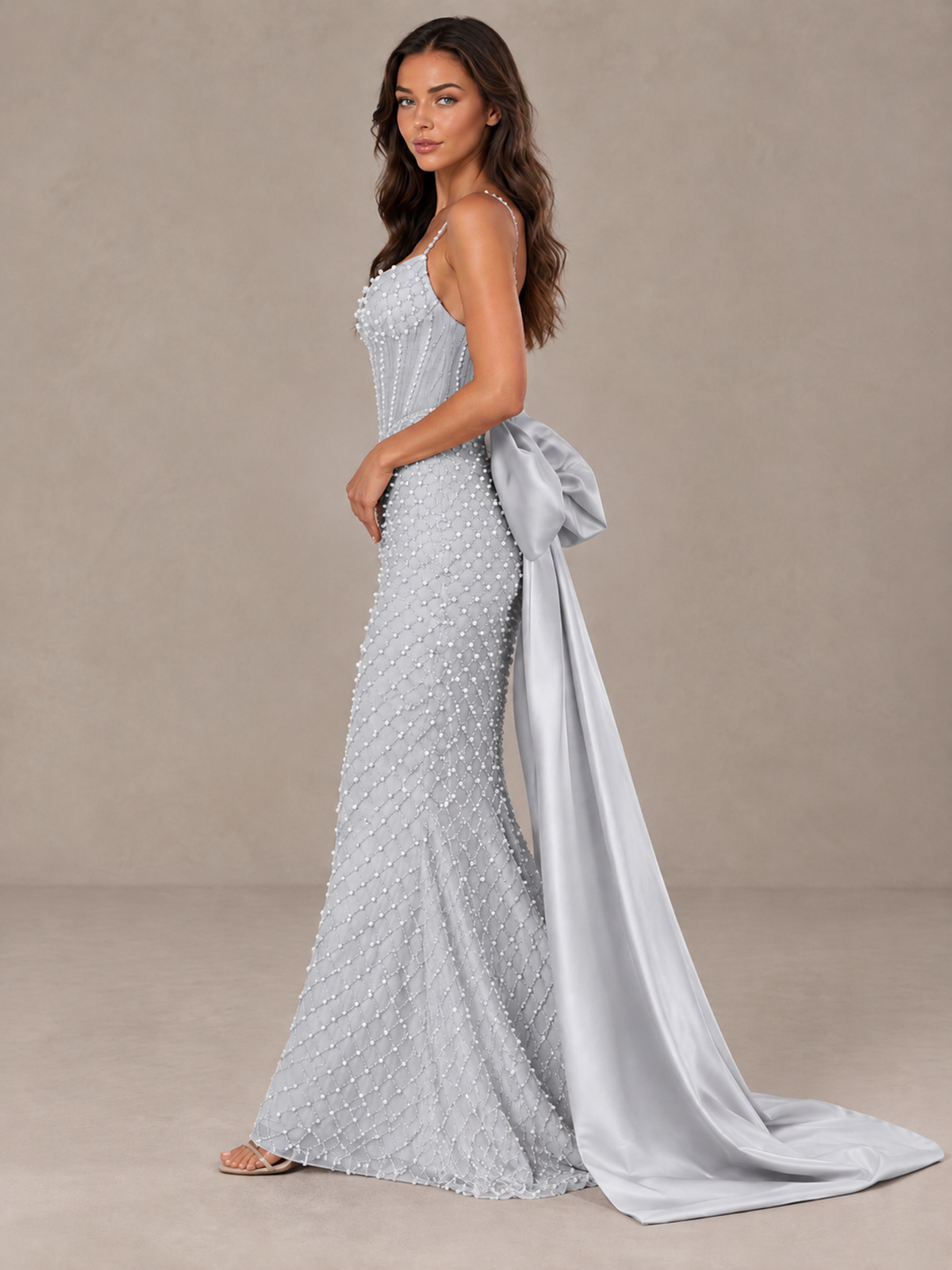 BOLODOO Silver Beaded Corset Prom Dress with Bow Train - Silver - Silver_3