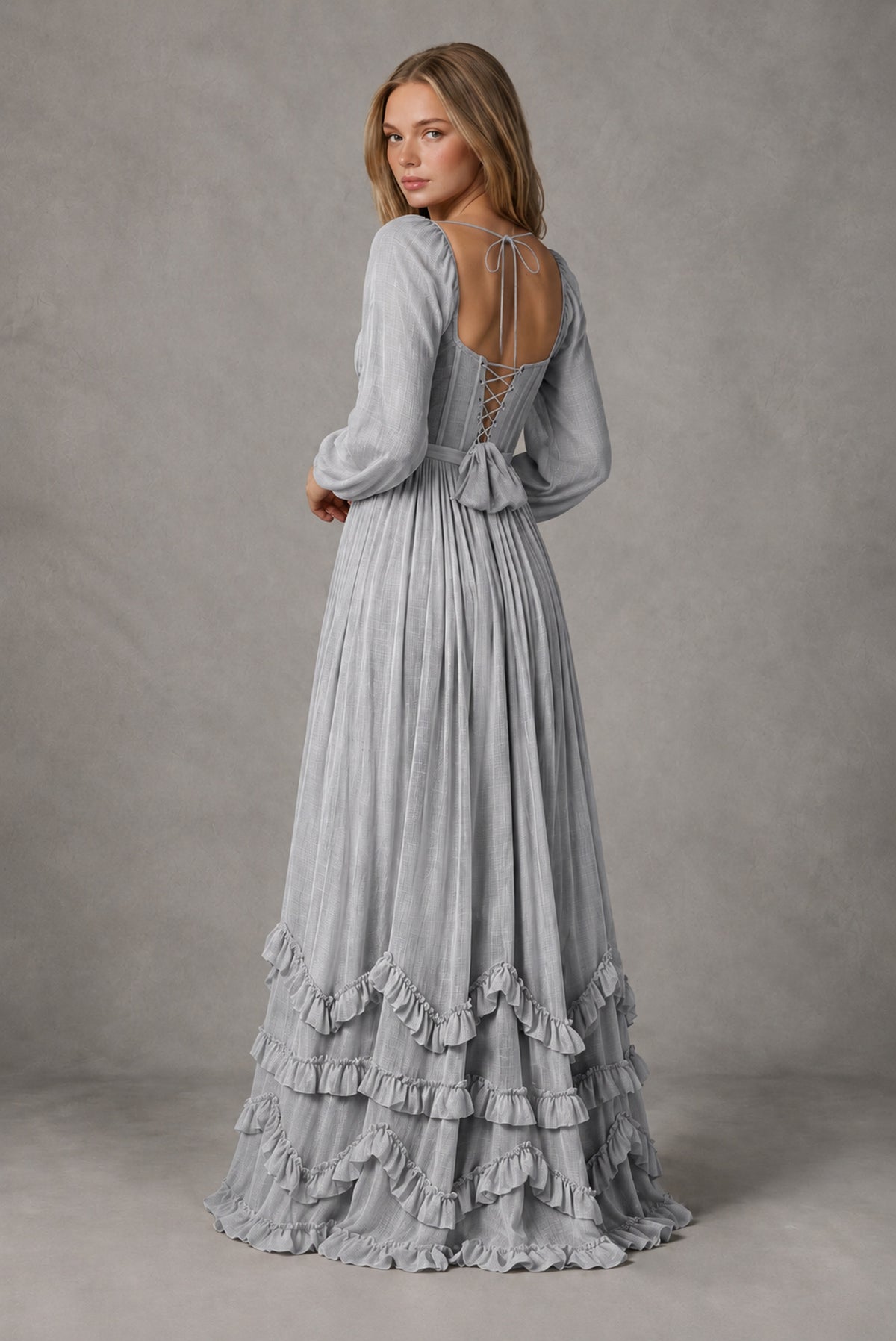 Silver Long-Sleeve Ruffle Maxi Dress with Lace-Up Back and Slit - Silver