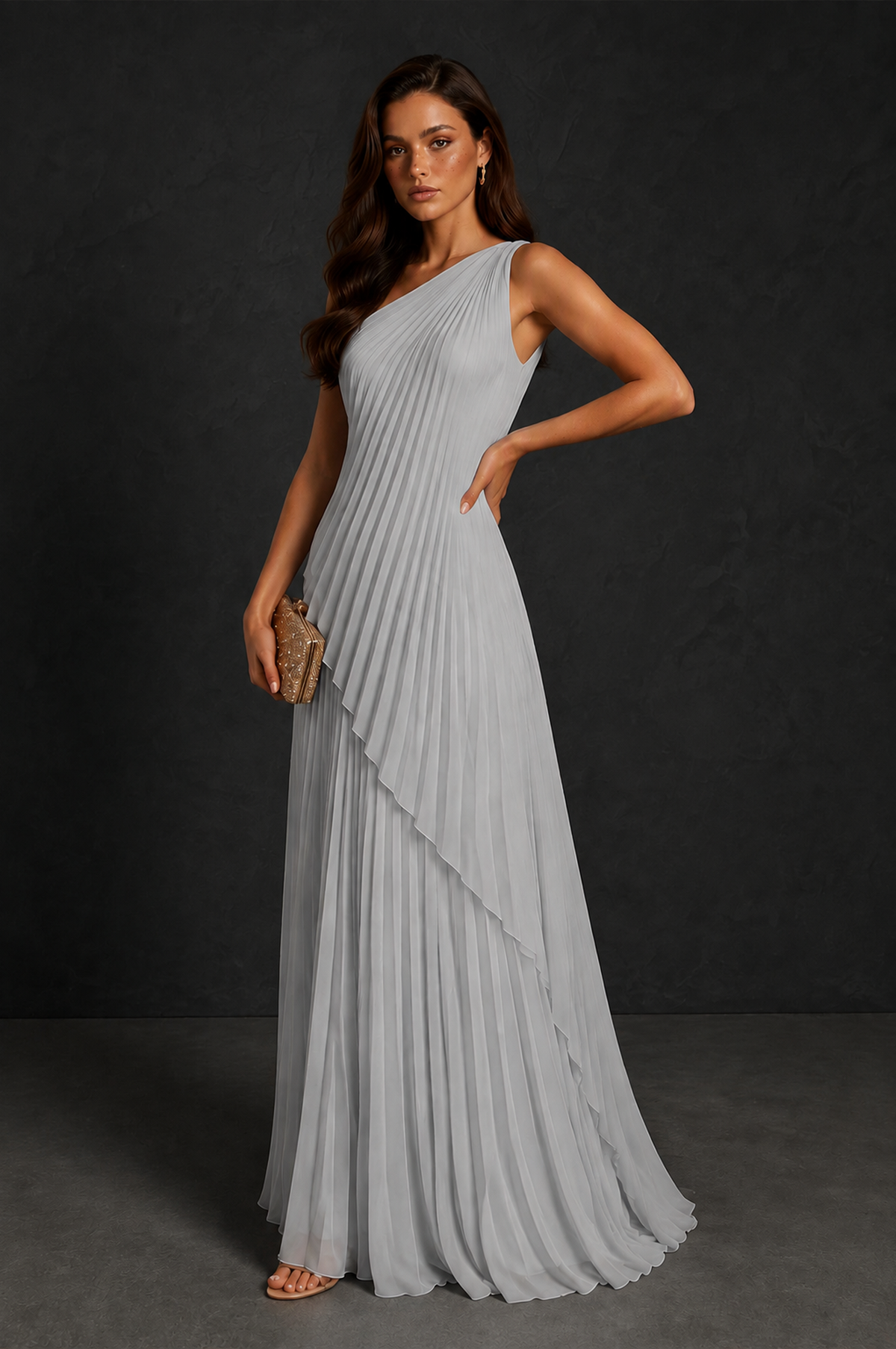 BOLODOO Silver One-Shoulder Sunburst Pleated Asymmetric Layered Overlay Accordion Pleated Chiffon Maxi Dress - Silver