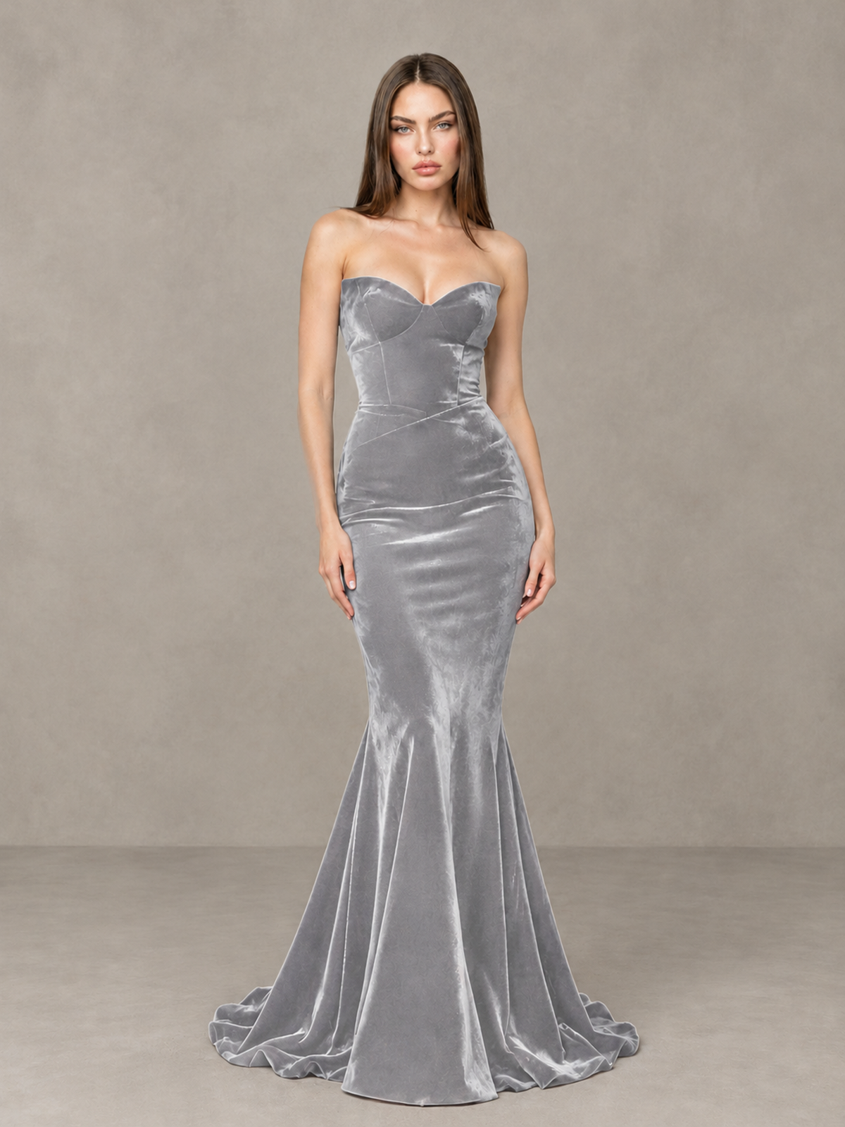 BOLODOO Silver Strapless Sweetheart Velvet-Look Mermaid Evening Dress - Silver - Silver_3