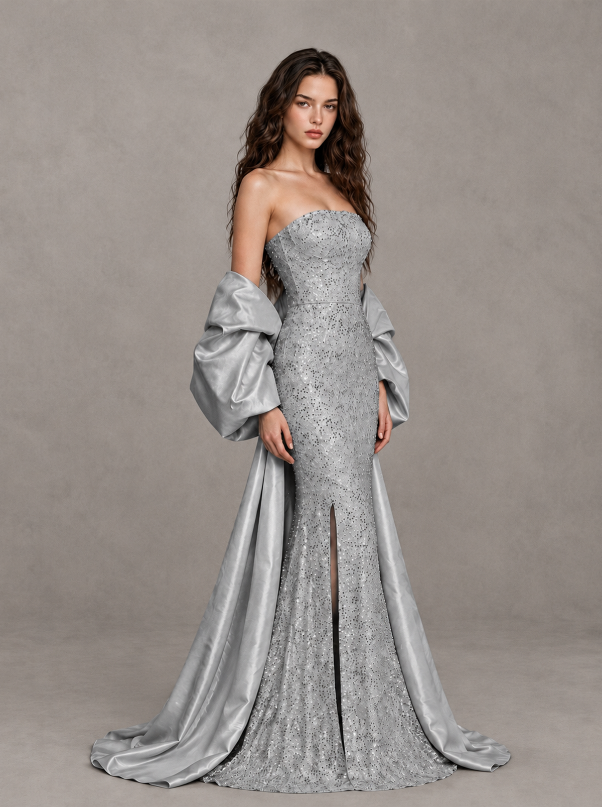 BOLODOO Silver Strapless Sparkle Mermaid Prom Dress with Front Slit and Draped Sleeves - Silver - Silver_3
