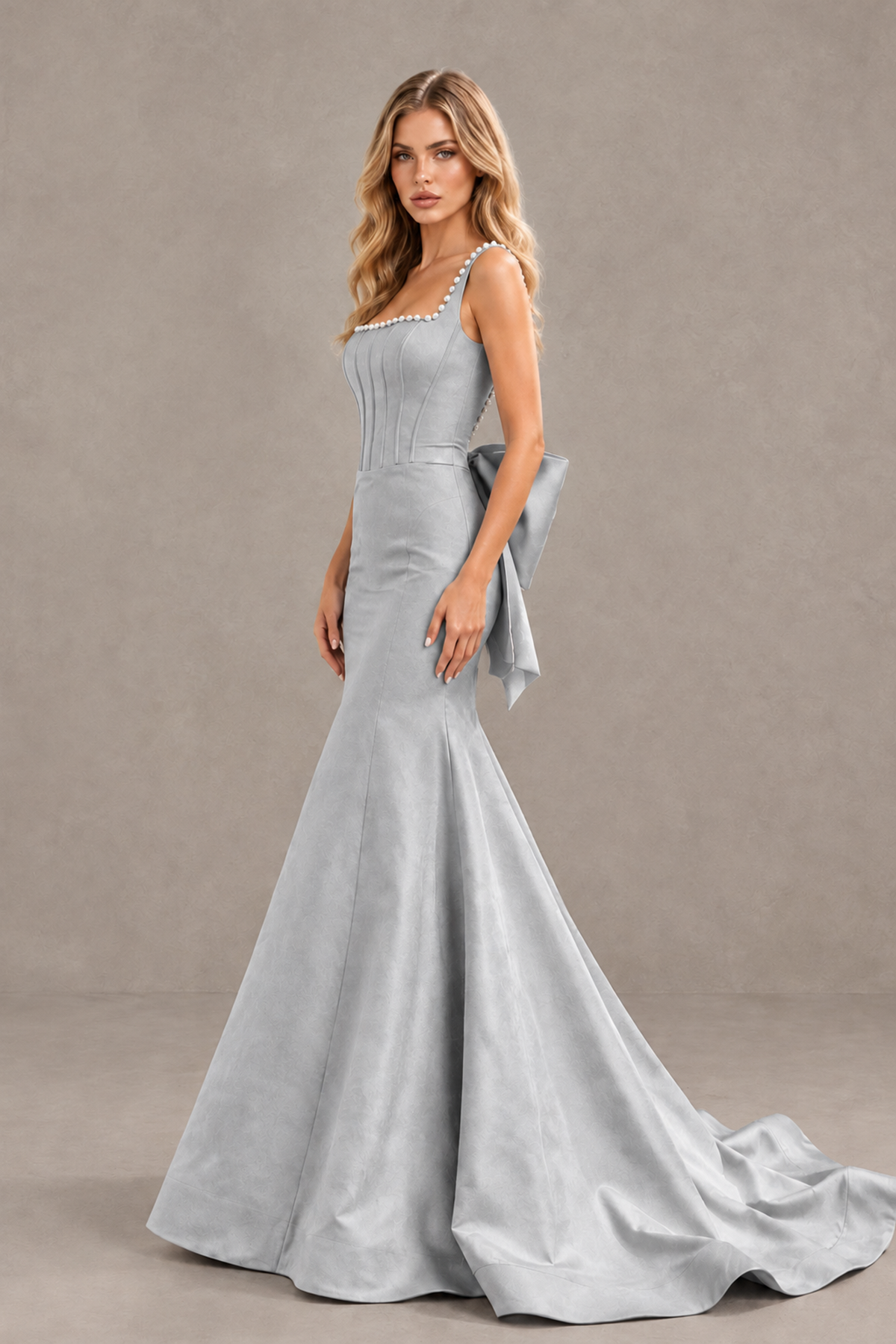 BOLODOO Silver Pearl-Trim Mermaid Prom Dress with Back Bow - Silver - Silver_3