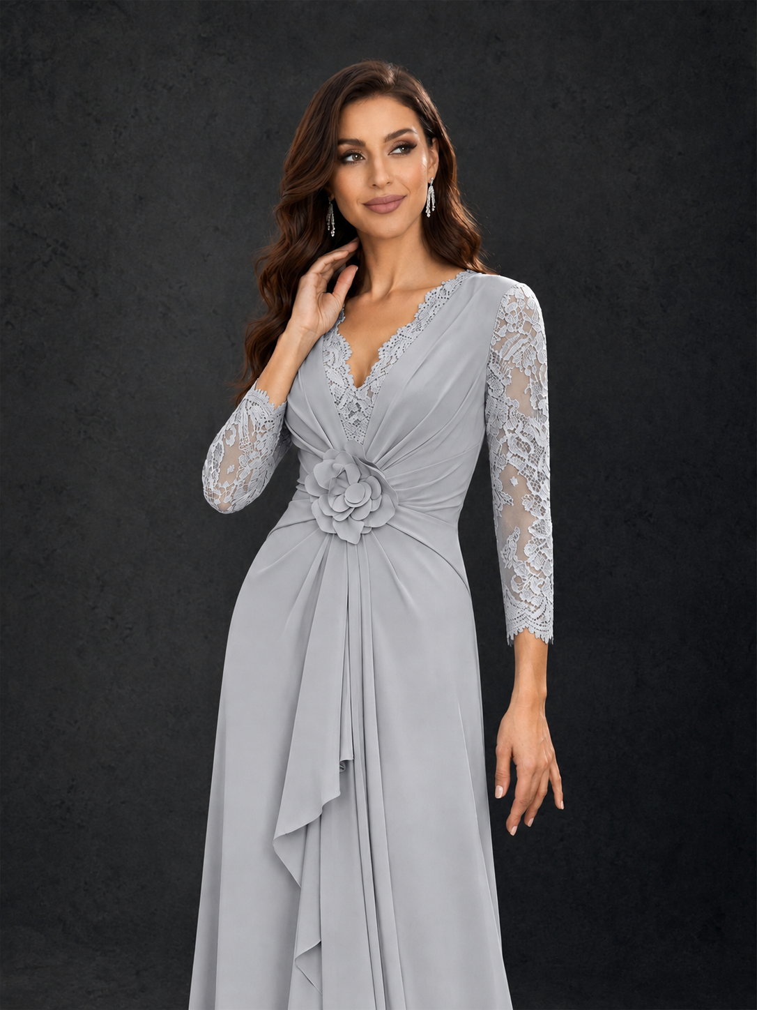 BOLODOO Silver Lace Sleeve V-Neck Floral Waist Chiffon A-Line Maxi Dress - Silver