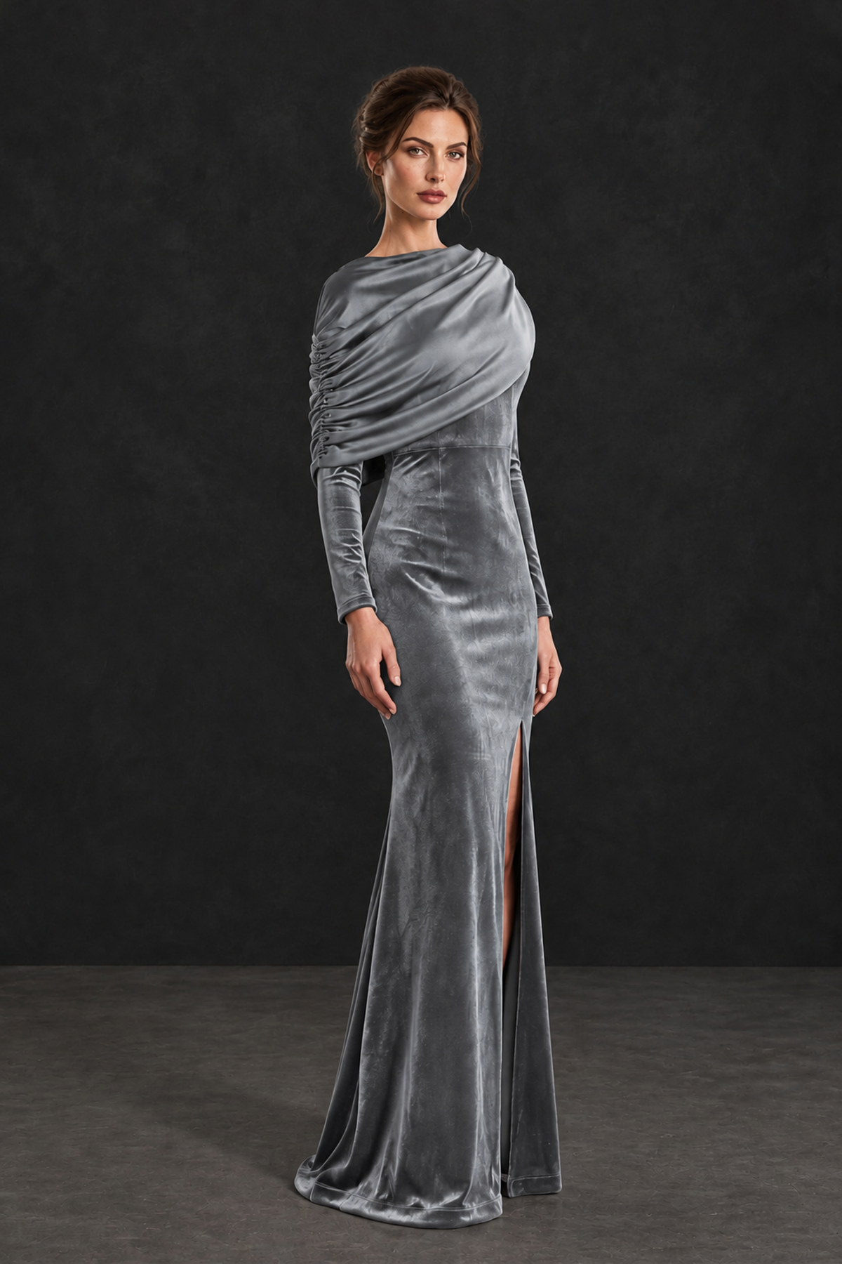 BOLODOO Silver Velvet Long Sleeve Draped Mother of the Bride Dress - Silver - Silver_3
