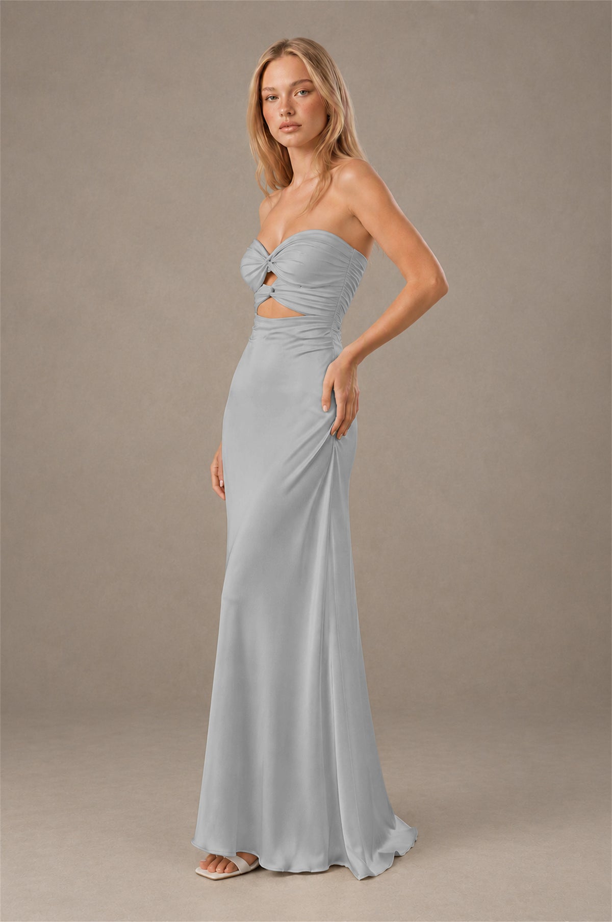 BOLODOO Silver Sweetheart Strapless Twist Knot Cutout Lace-Up Back Satin Mermaid Maxi Dress - Silver - Silver(3)