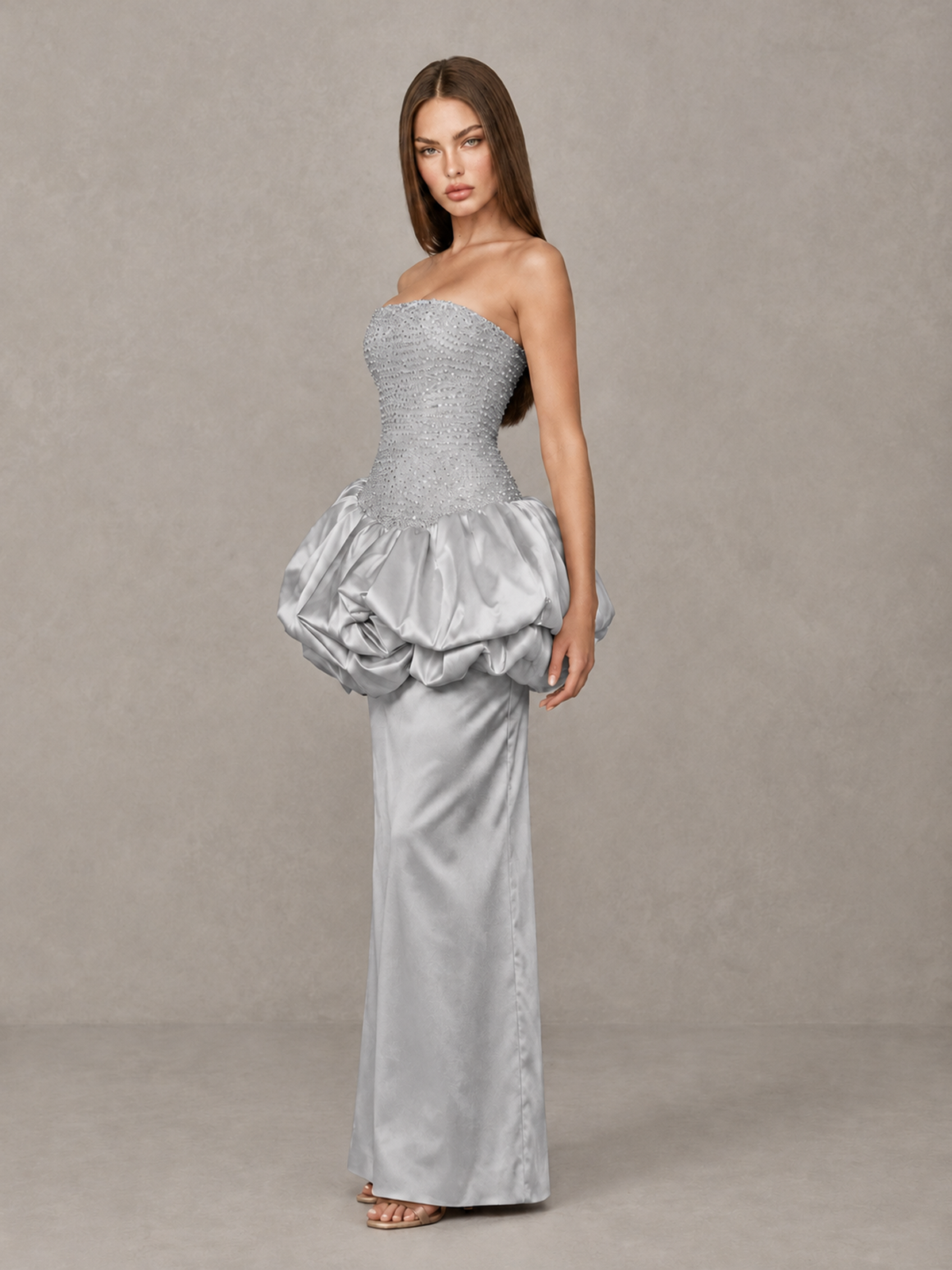 BOLODOO Silver Strapless Embellished Bubble Peplum Evening Dress - Silver - Silver_3