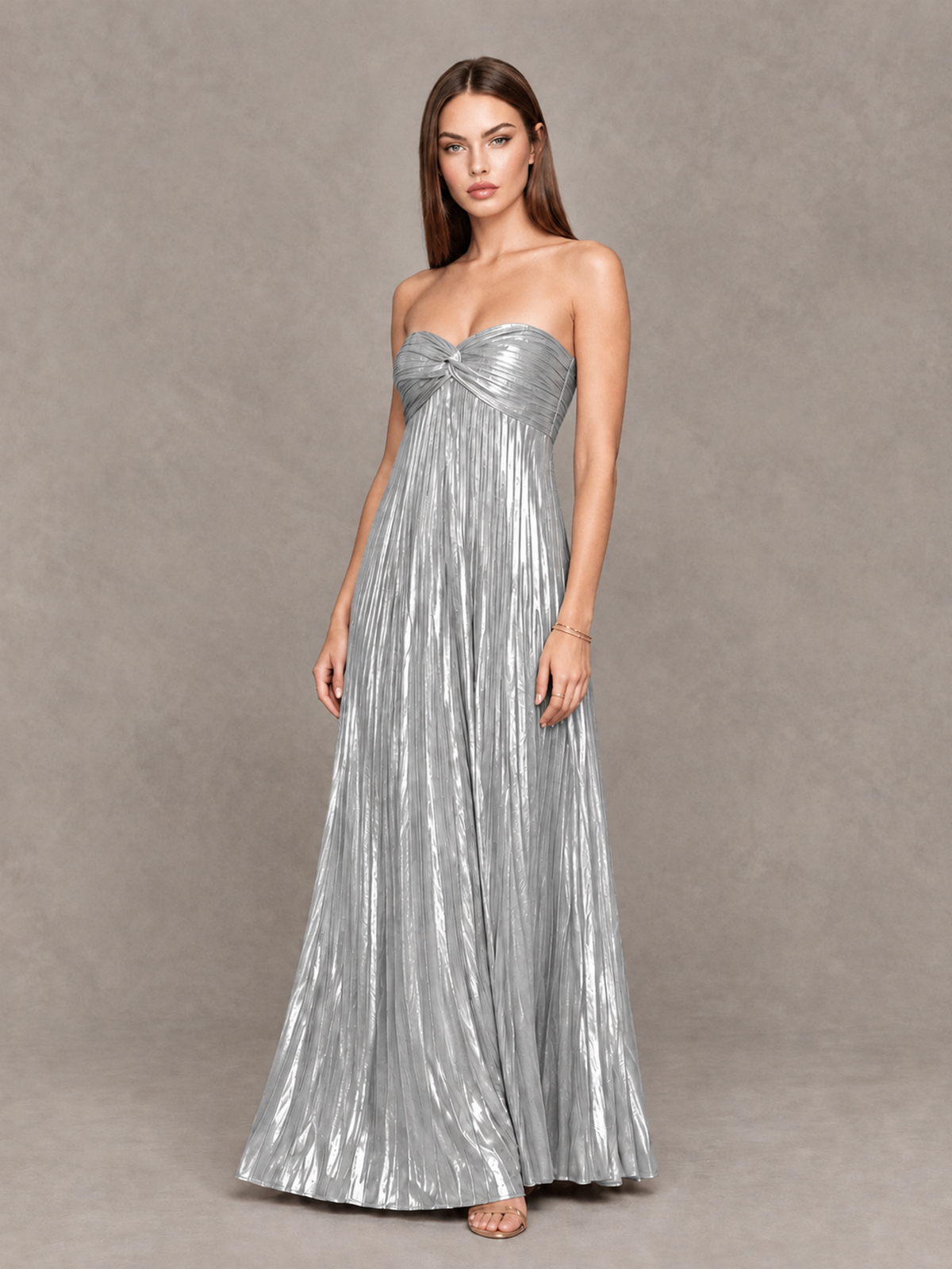BOLODOO Silver Strapless Sweetheart Metallic Pleated Maxi Dress - Silver - Silver_3