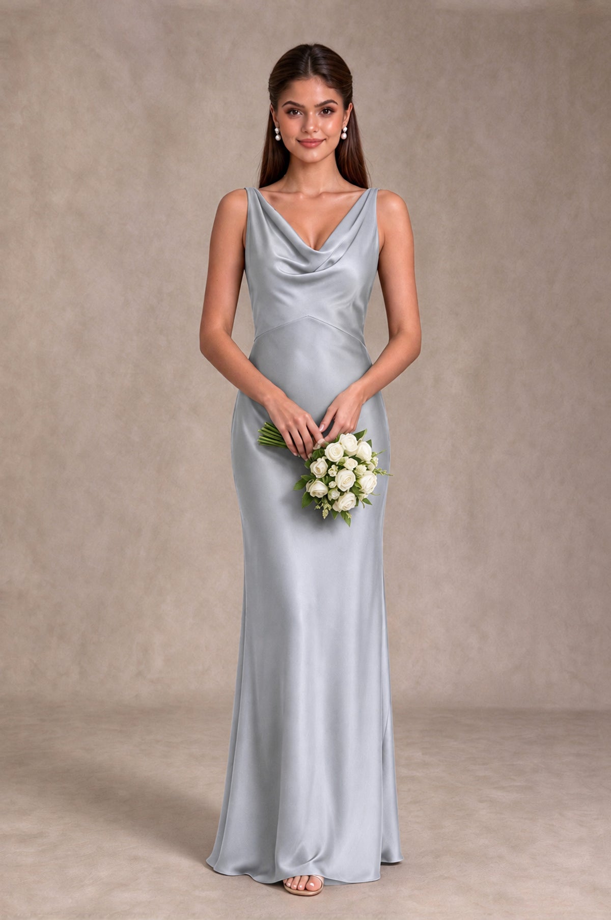 BOLODOO Silver Cowl Neck Open Back Satin Bridesmaid Dress - Silver - Silver_3