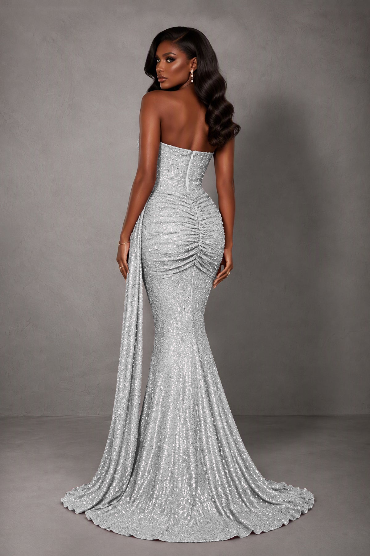 BOLODOO Silver Sequin Strapless Corset Mermaid Evening Gown with Train - Silver
