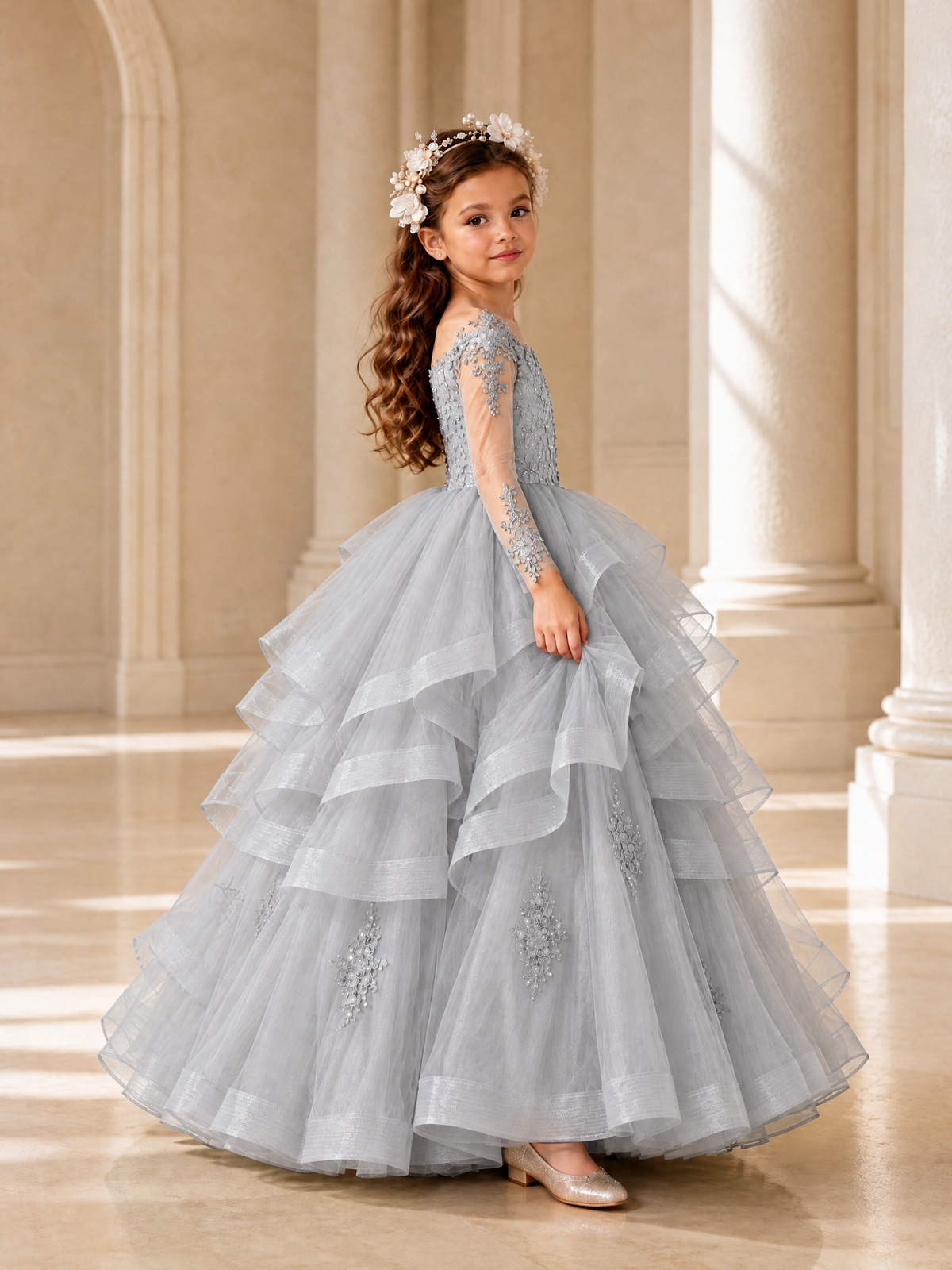 BOLODOO Silver Lace Long Sleeve Tiered Flower Girl Dress - Silver - Silver_3