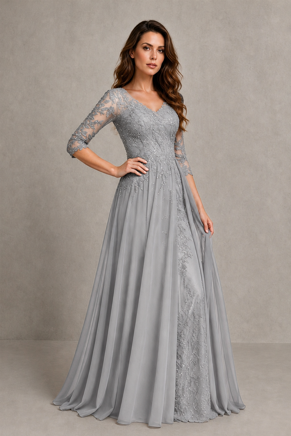 BOLODOO Midnight Silver Beaded Lace Appliqué Chiffon A-Line Gown | Mother of the Bride & Formal Evening Dress - Silver - Silver_3