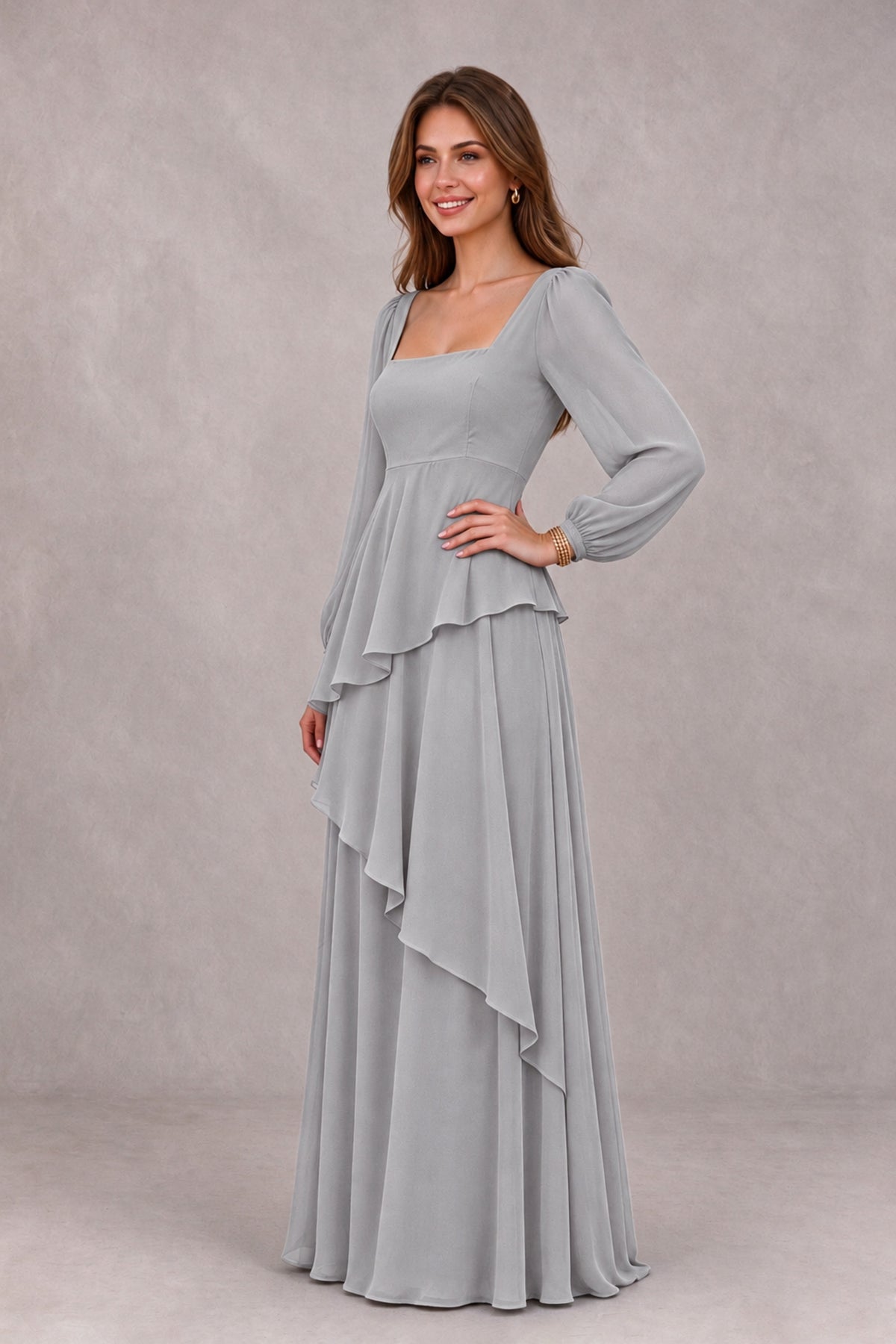 BOLODOO Silver Long Sleeve Ruffle Bridesmaid Dresses - Silver - Silver_3