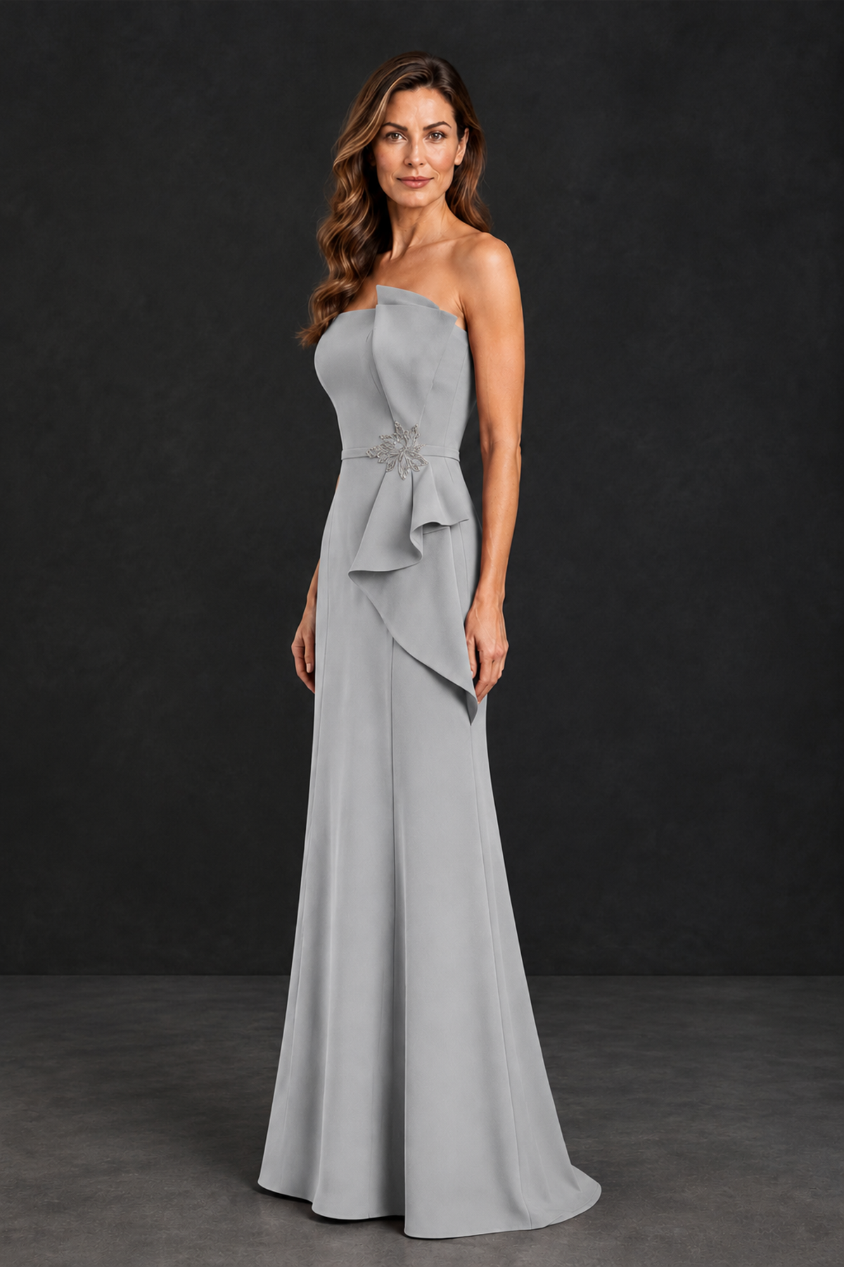 BOLODOO Silver Strapless Mother of the Bride Dress with Ruffle Detail - Silver - Silver_3