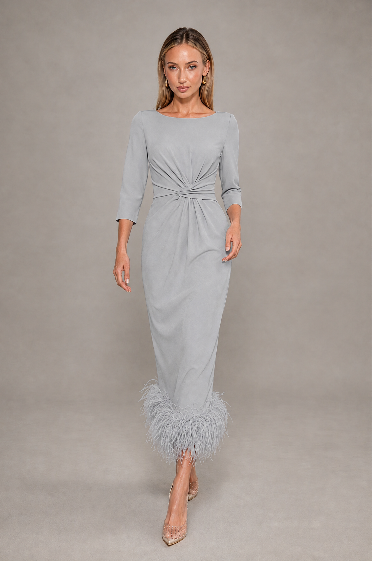 BOLODOO Silver Feather-Trim Twist-Waist Midi Dress - Silver - Silver_3