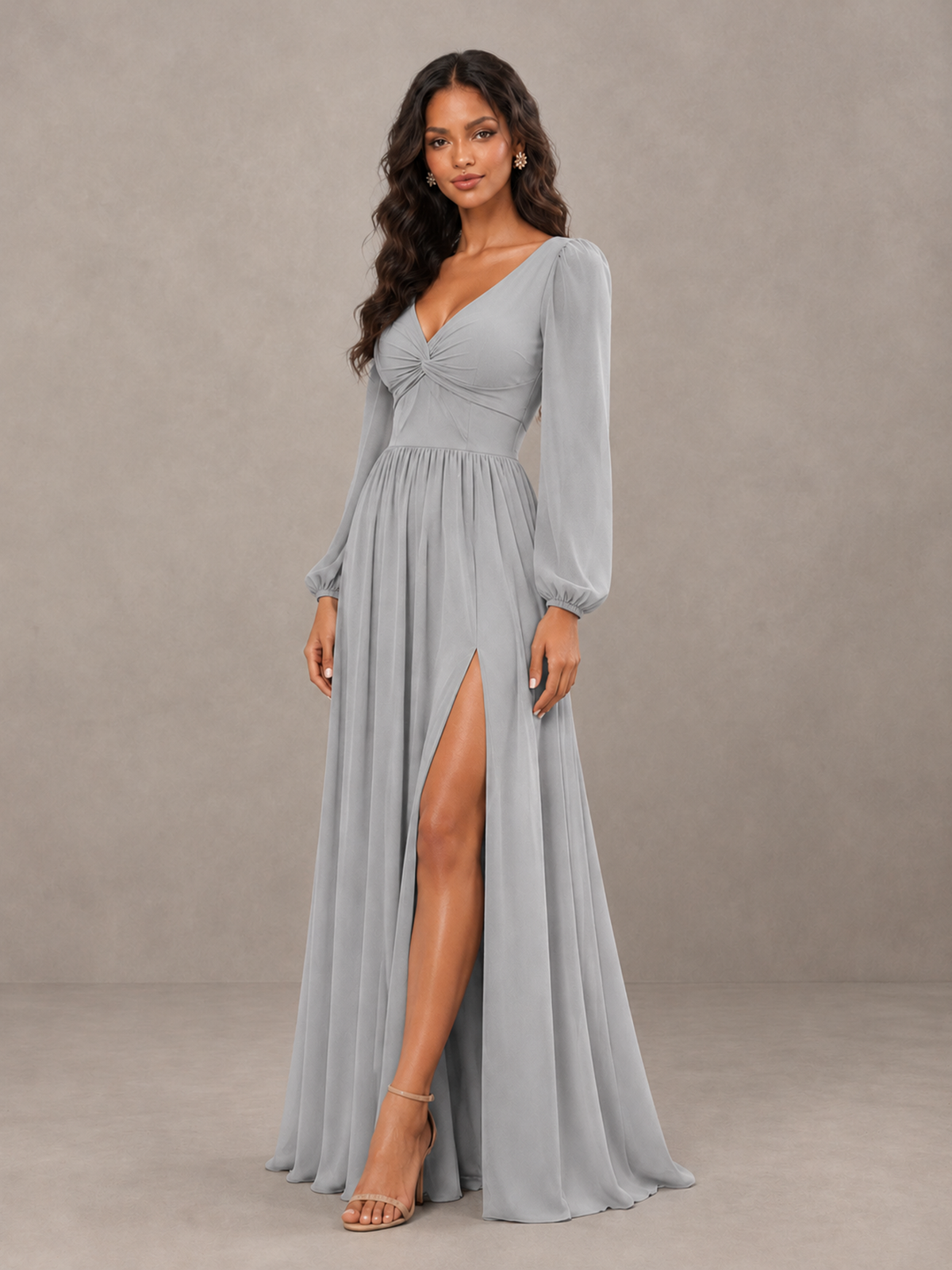 BOLODOO Silver V-Neck Long Sleeve Bridesmaid Dress with Tie Back and Slit - Silver - Silver_3