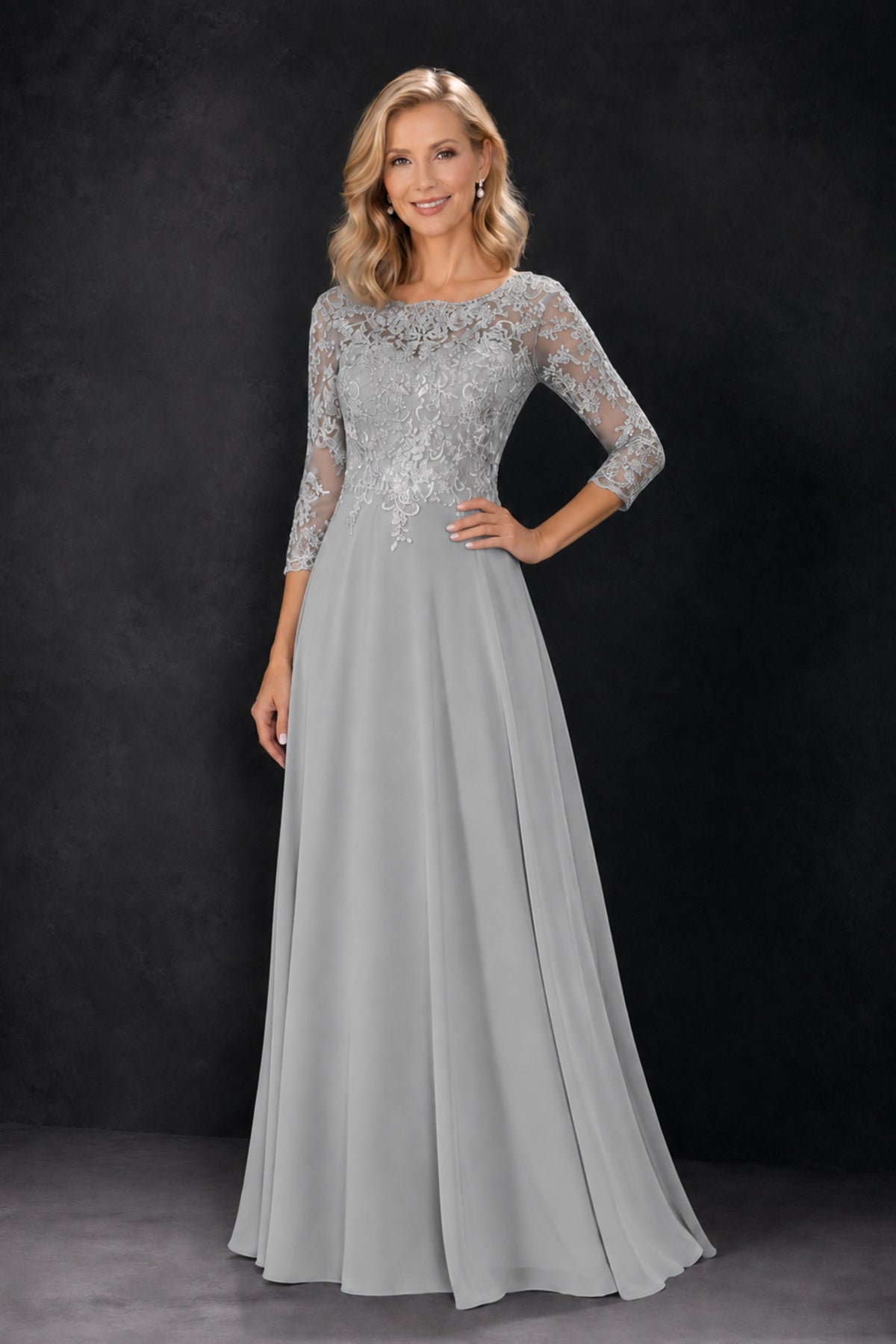 BOLODOO Silver Lace Embroidered Mother of the Bride Dress with 3/4 Sleeves - Silver