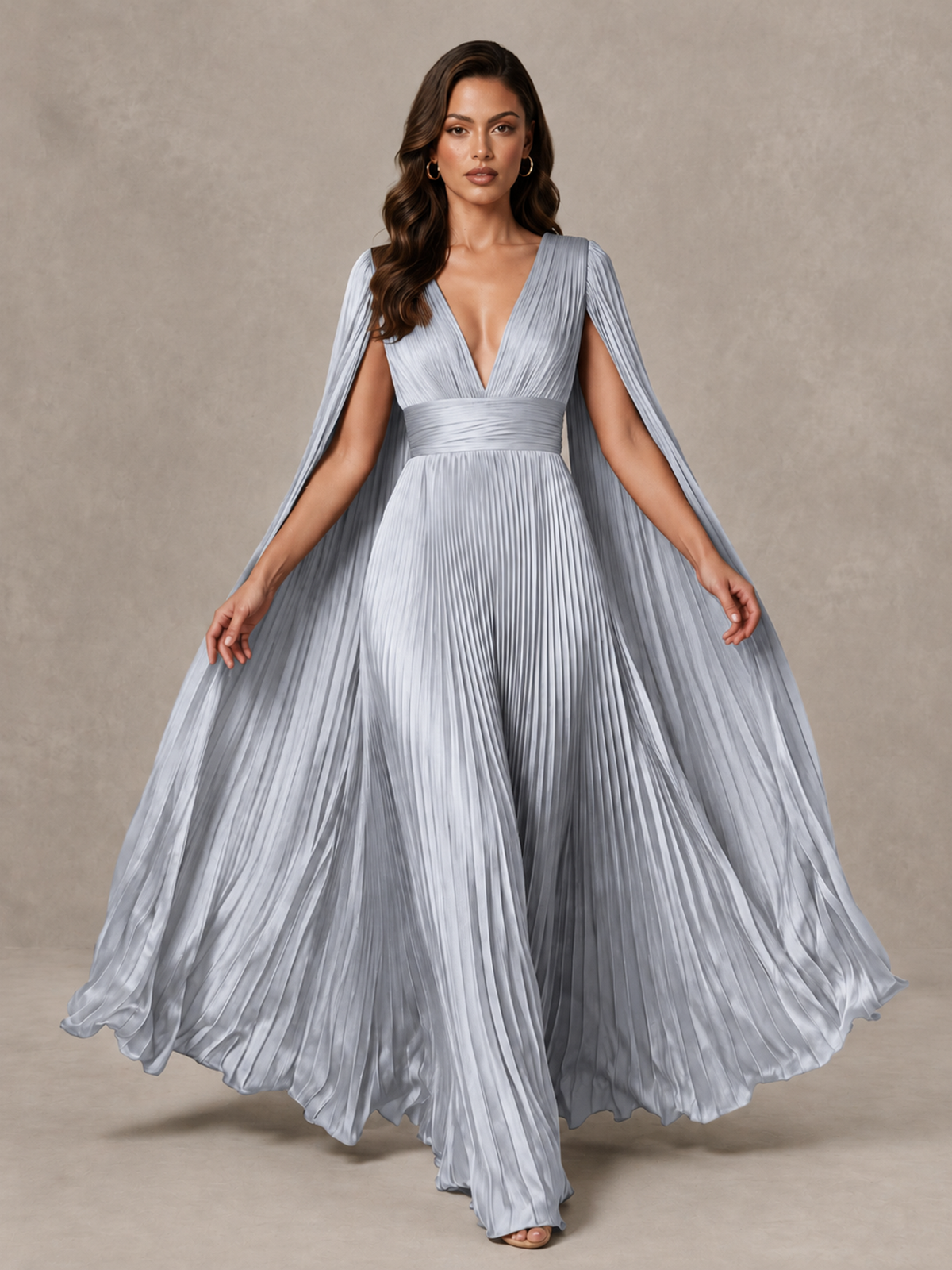 BOLODOO Silver Deep V-Neck Pleated Cape Sleeve Evening Gown - Silver - Silver_3