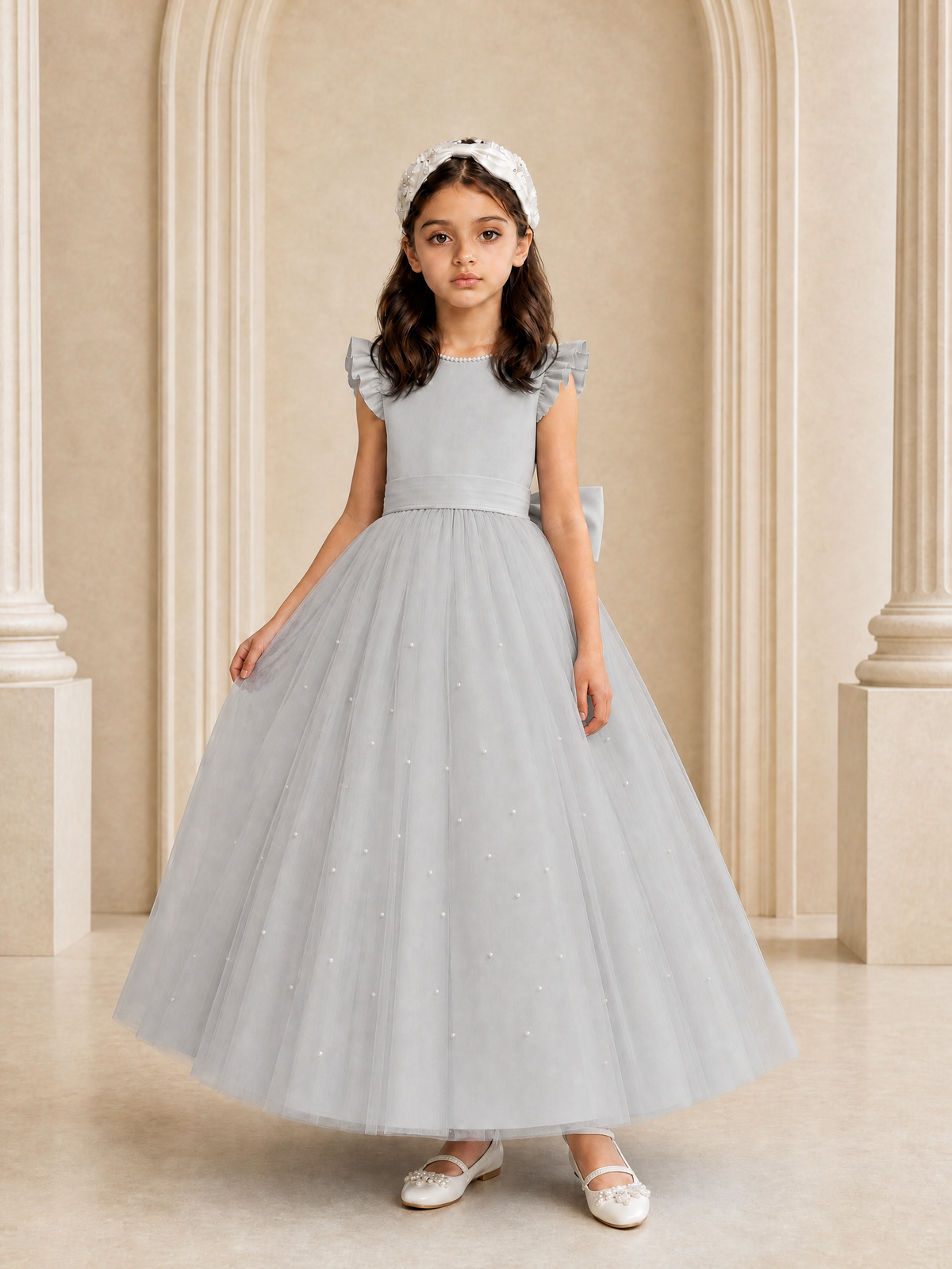 BOLODOO Silver Tulle Flower Girl Dress with Ruffle Sleeves & Bow Back - Silver - Silver_3