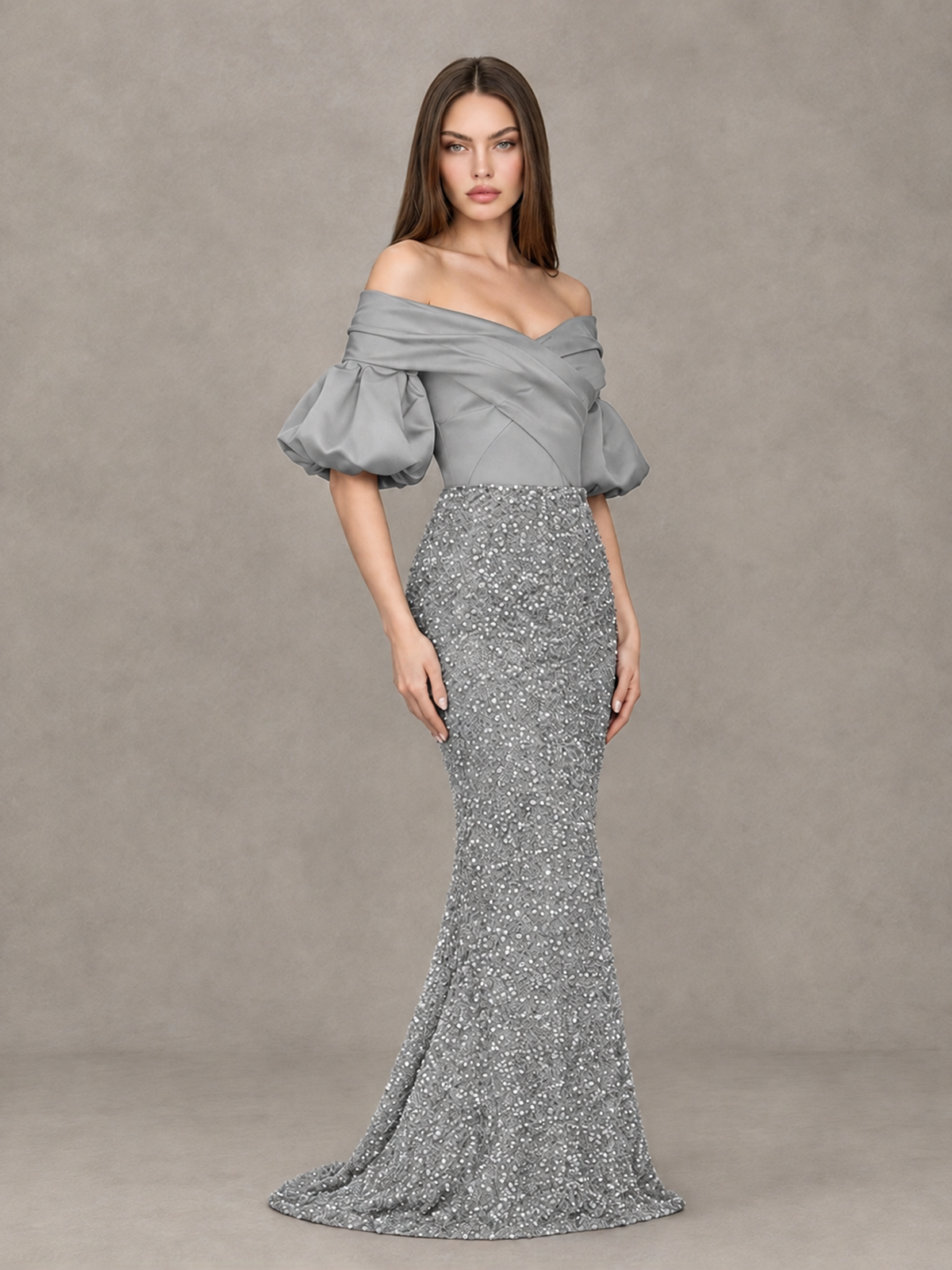BOLODOO Silver Off-Shoulder Puff Sleeve Sequin Mermaid Evening Dress - Silver - Silver_3