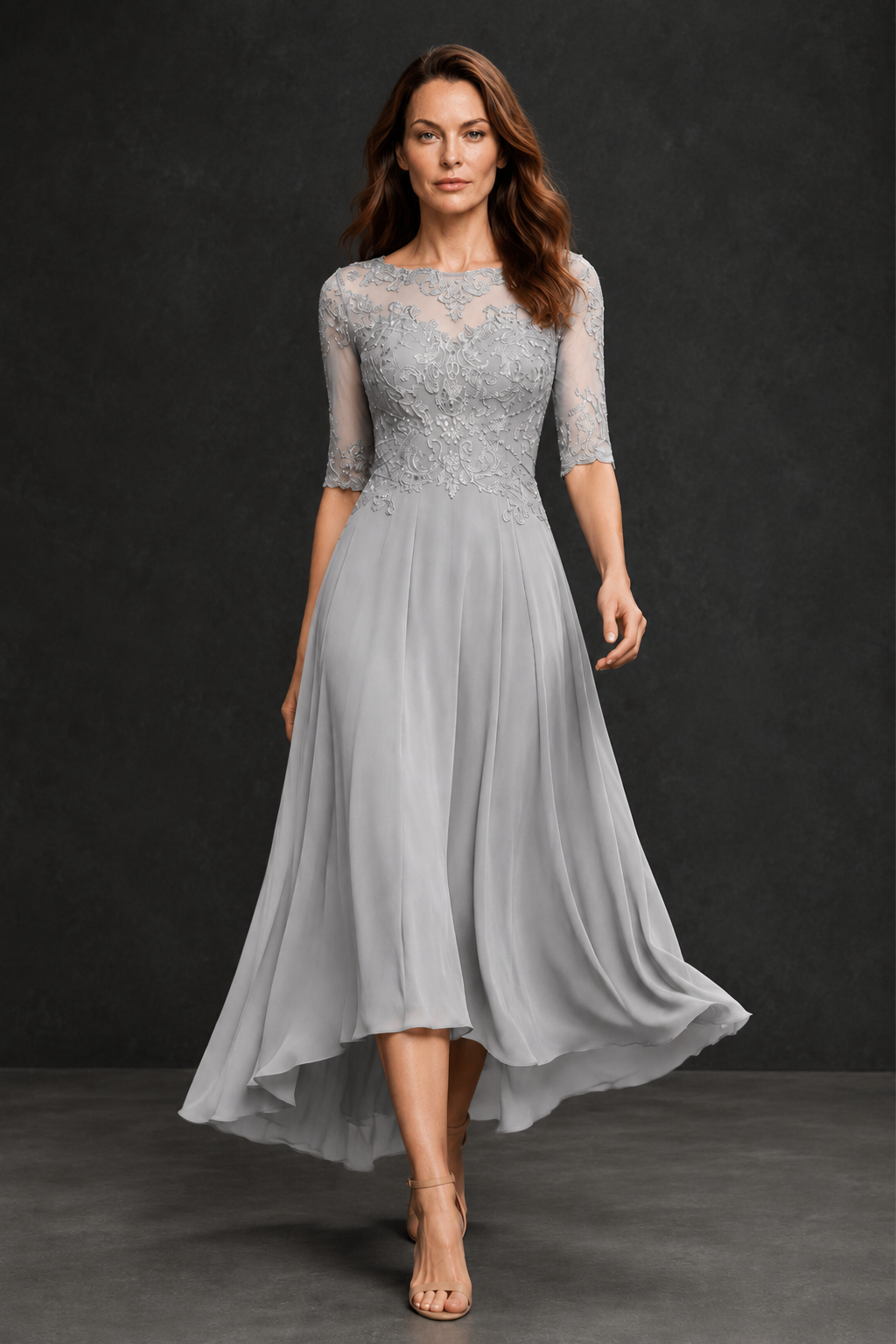 BOLODOO Silver Illusion Lace 3/4 Sleeve Hi-Lo Chiffon A-Line Dress | Mother of the Bride Tea Length Dress - Silver