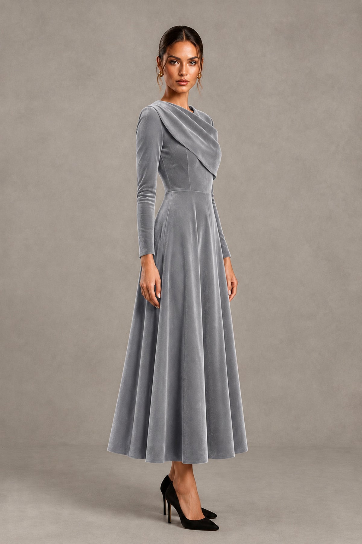 BOLODOO Silver Velvet-Look Long Sleeve Tea-Length A-Line Dress with Draped Neckline - Silver - Silver_3