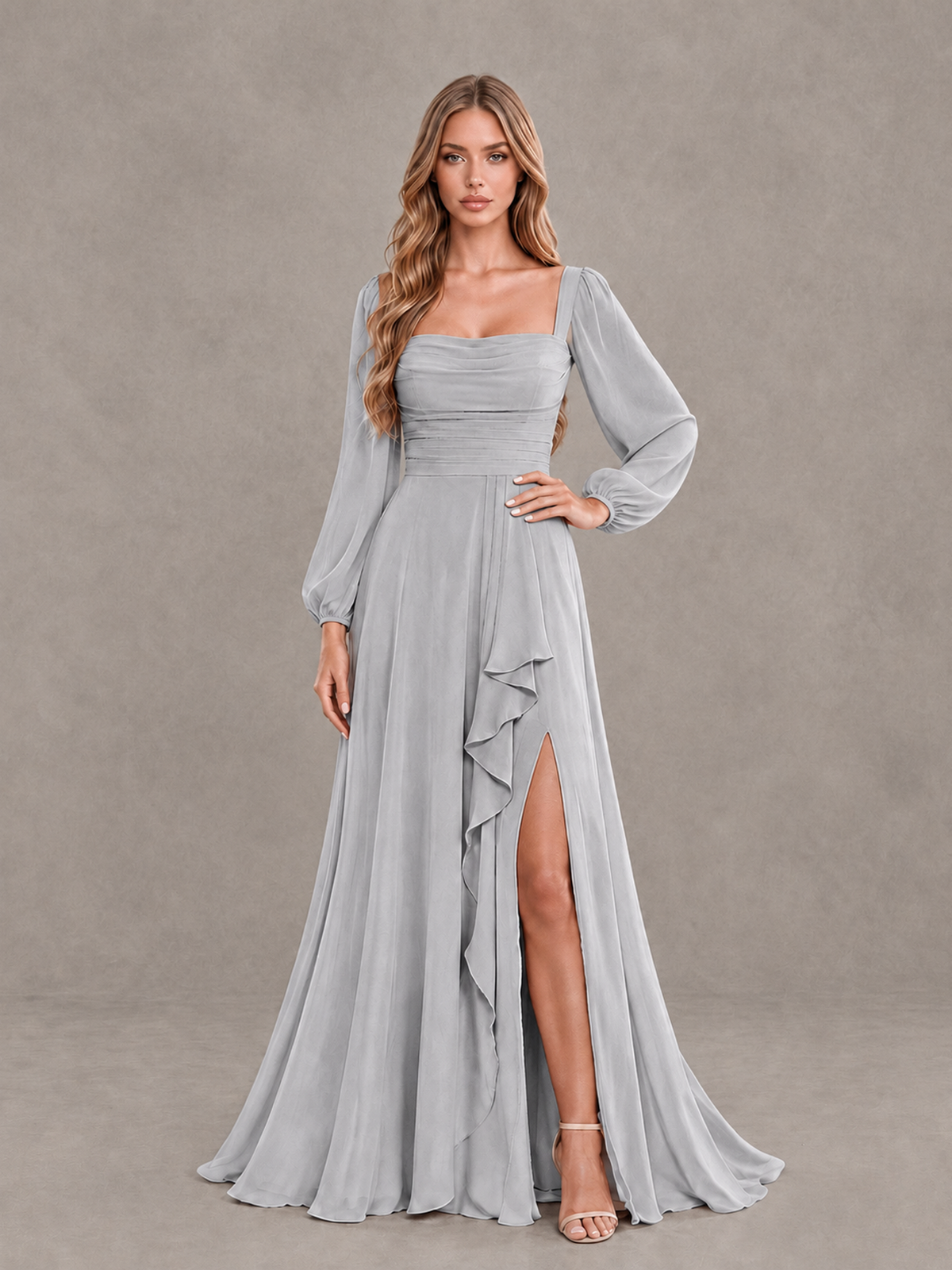 BOLODOO Silver Square Neck Long Sleeve Bridesmaid Dress with Ruffle Slit - Silver - Silver_3
