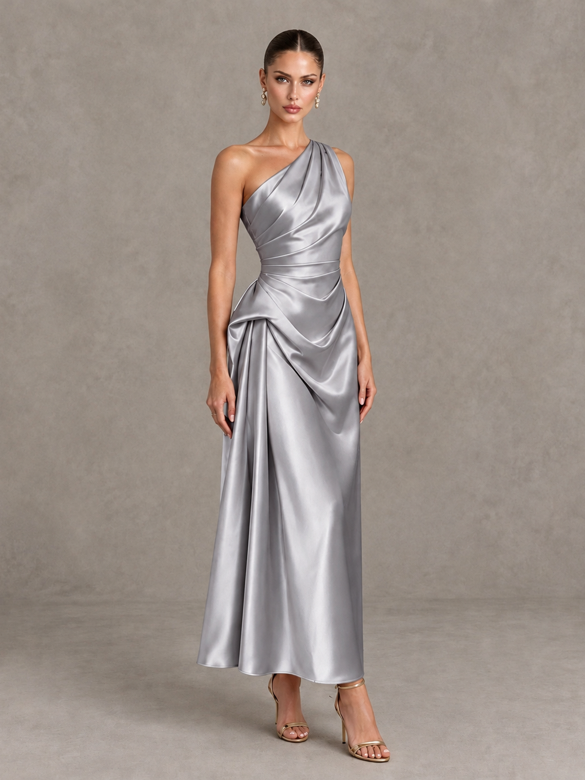 BOLODOO Silver One Shoulder Satin Cocktail Dress with Draped A-Line Skirt - Silver - Silver_3