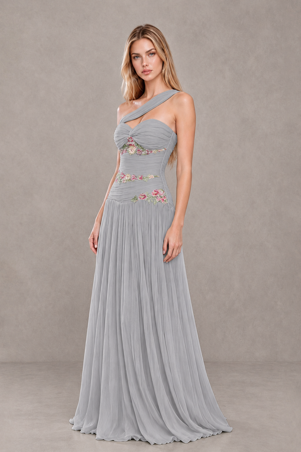 BOLODOO Silver One-Shoulder Floral Applique A-Line Evening Dress - Silver - Silver_3