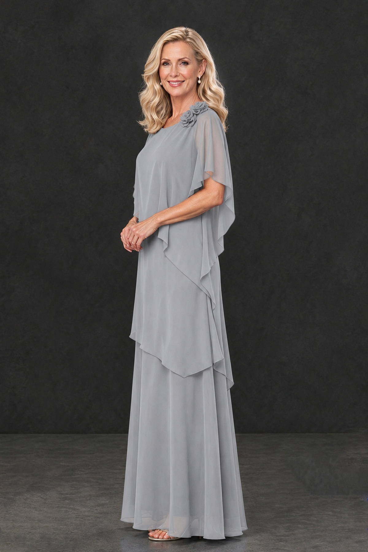BOLODOO Silver Tiered Flutter Sleeve Mother of the Bride Maxi Dress - Silver - Silver_3