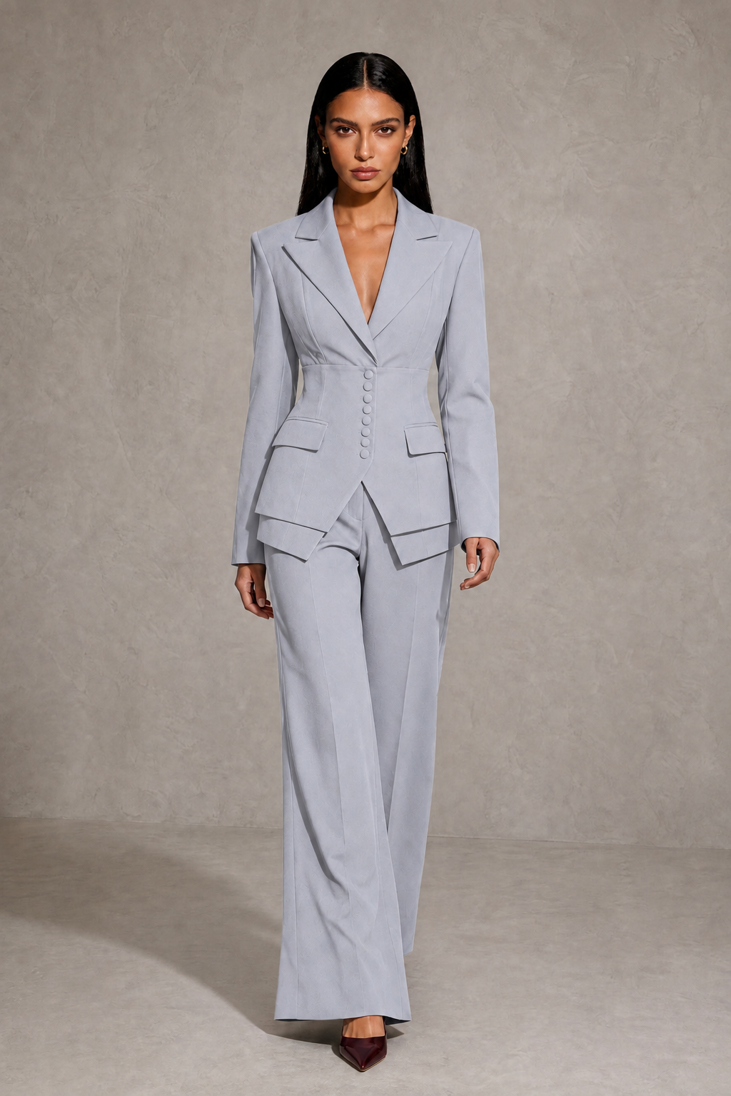 BOLODOO Silver Cinched Waist Blazer and Wide Leg Pants Two Piece Suit Set - Silver