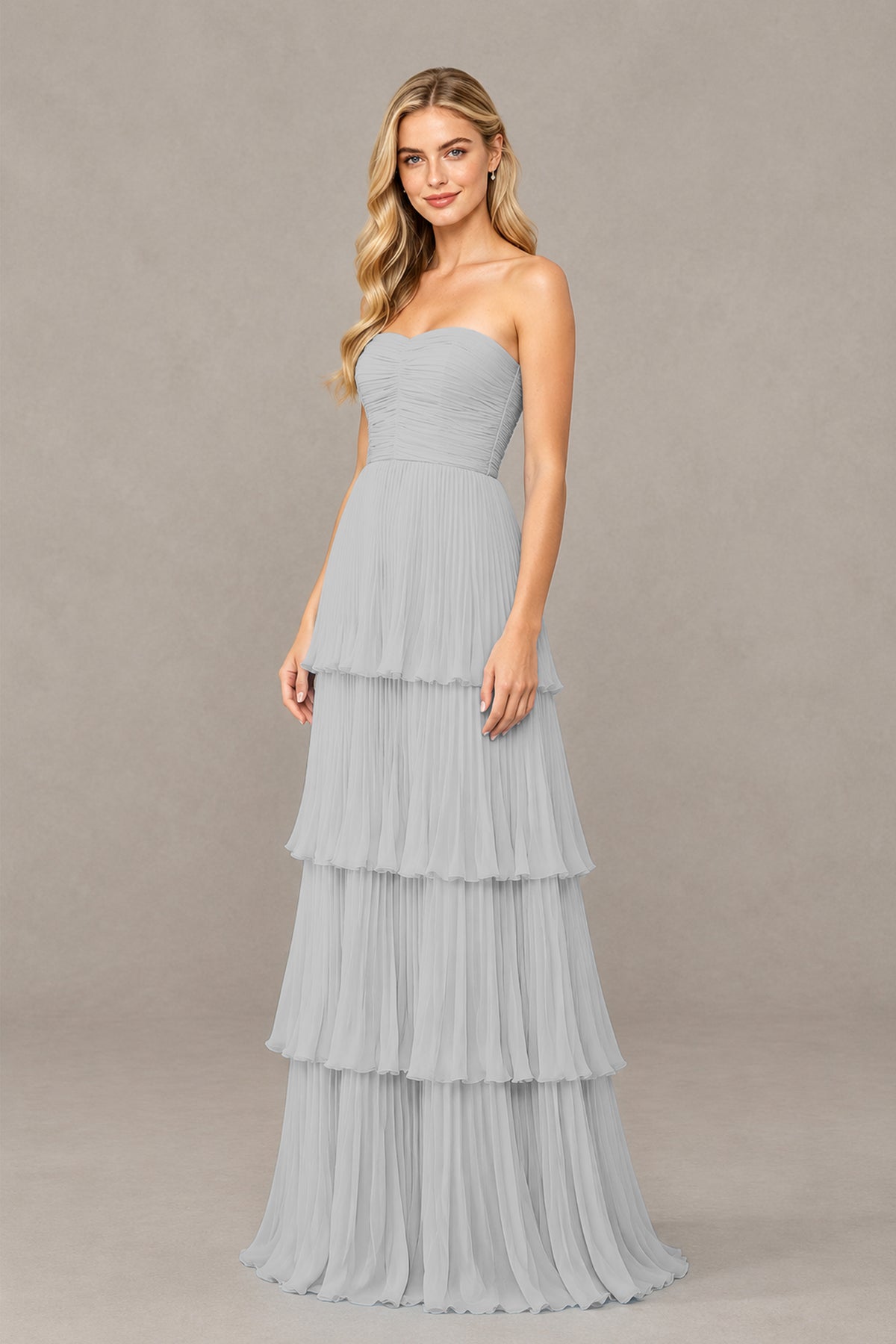 BOLODOO Silver Strapless Tiered Chiffon Maxi Dress - Silver