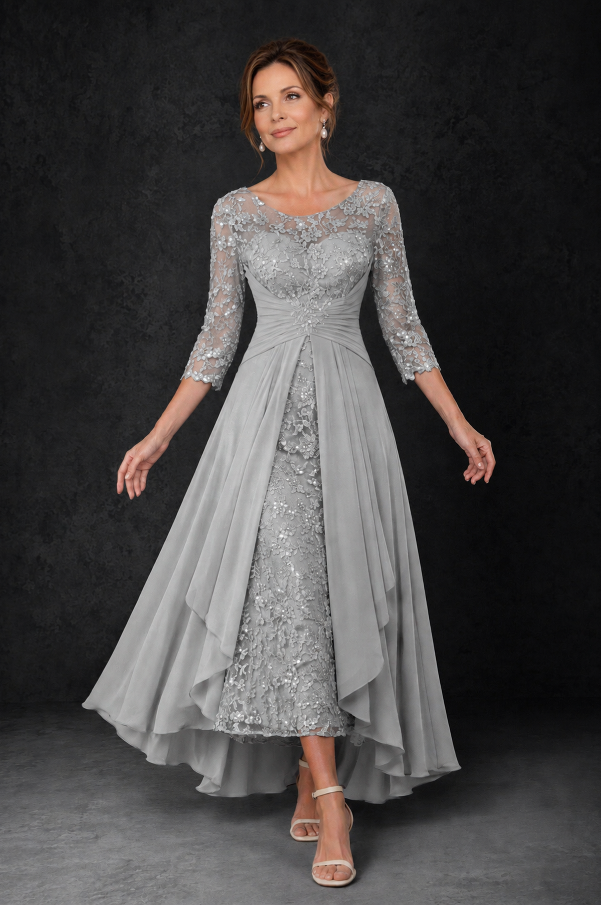 BOLODOO Silver Sequin Lace & Chiffon Tea-Length Mother of the Bride Dress with 3/4 Sleeves - Silver