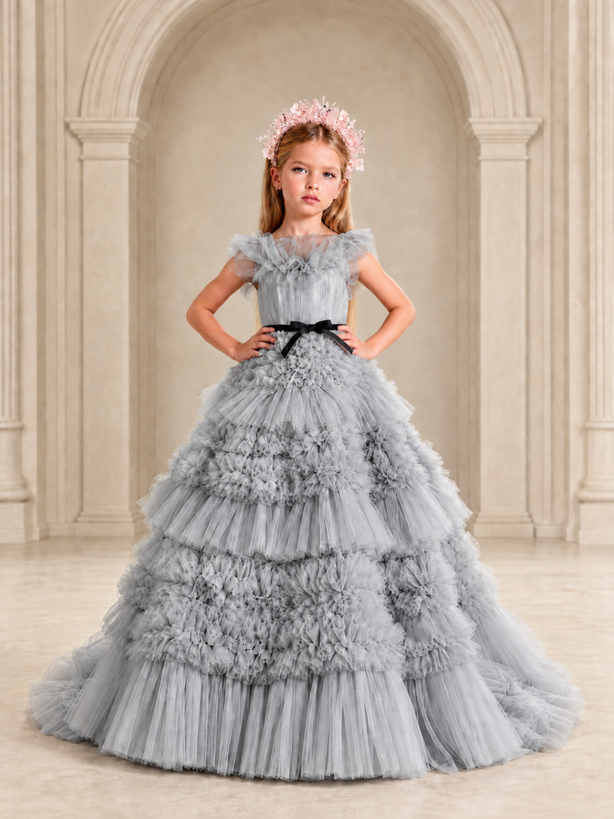BOLODOO Silver Tiered Tulle Flower Girl Dress with Floral Appliques - Silver - Silver_3