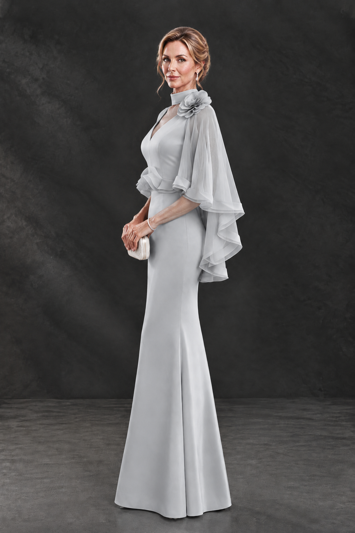 BOLODOO Silver Floral Cape Sleeve Mother of the Bride Dress - Silver - Silver_3